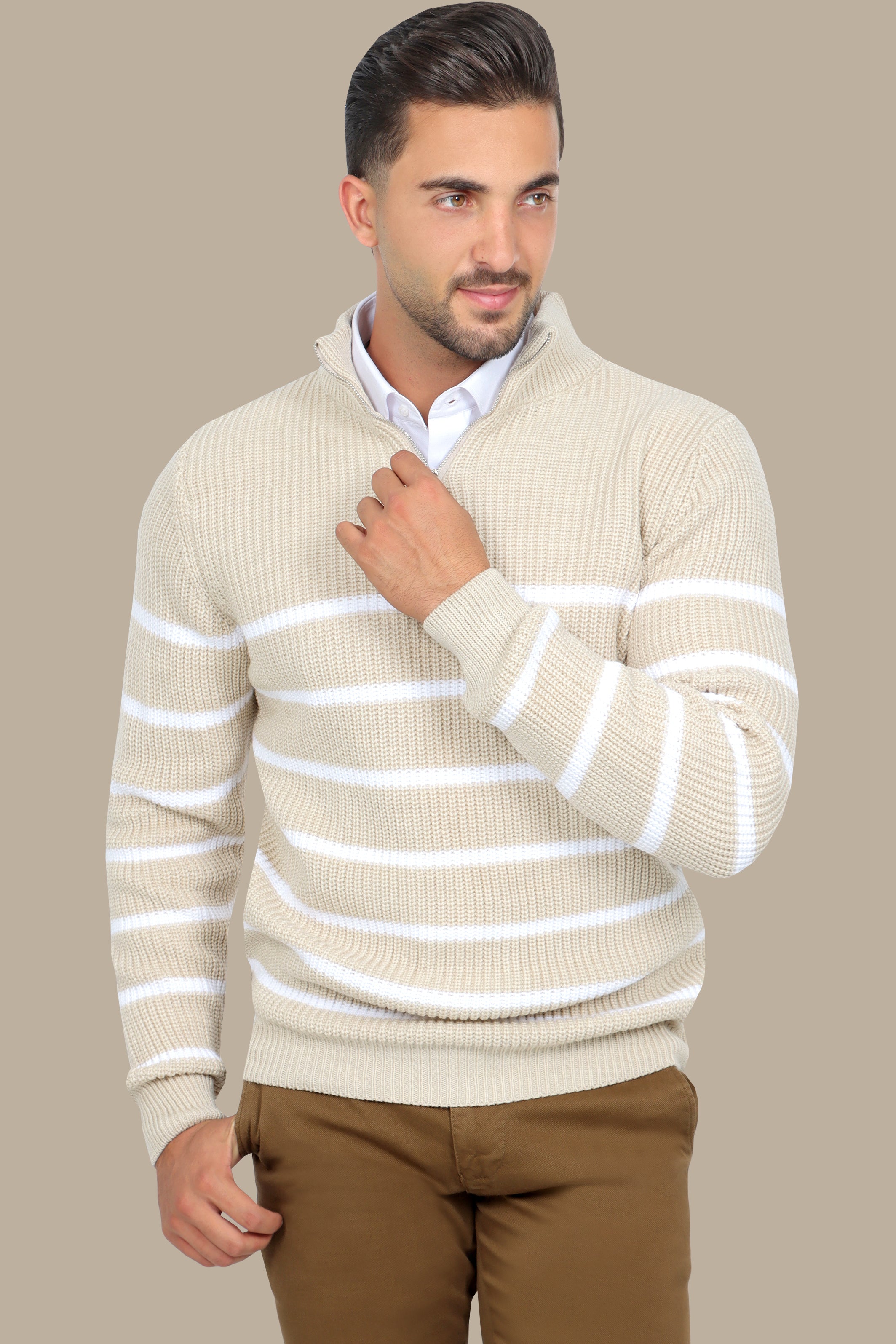 Beige Half-Zipper Mercerized Sweater with Small Stripes