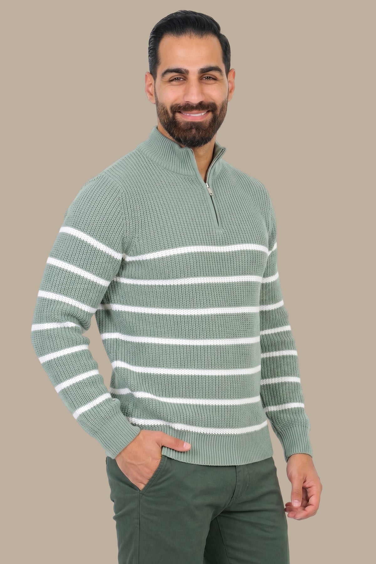 Half-Zip Sweater Mercerized Small Stripes Light Green