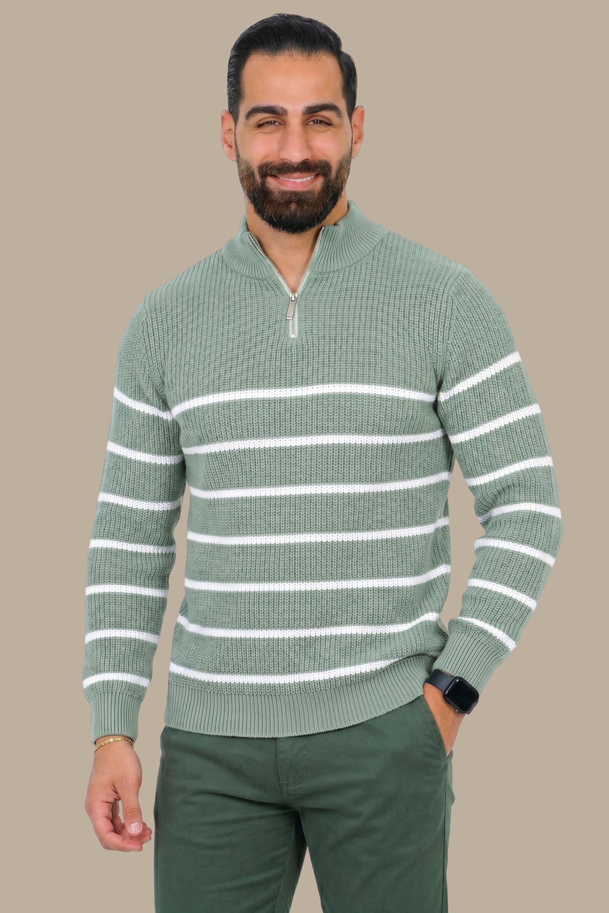 Half-Zip Sweater Mercerized Small Stripes Light Green
