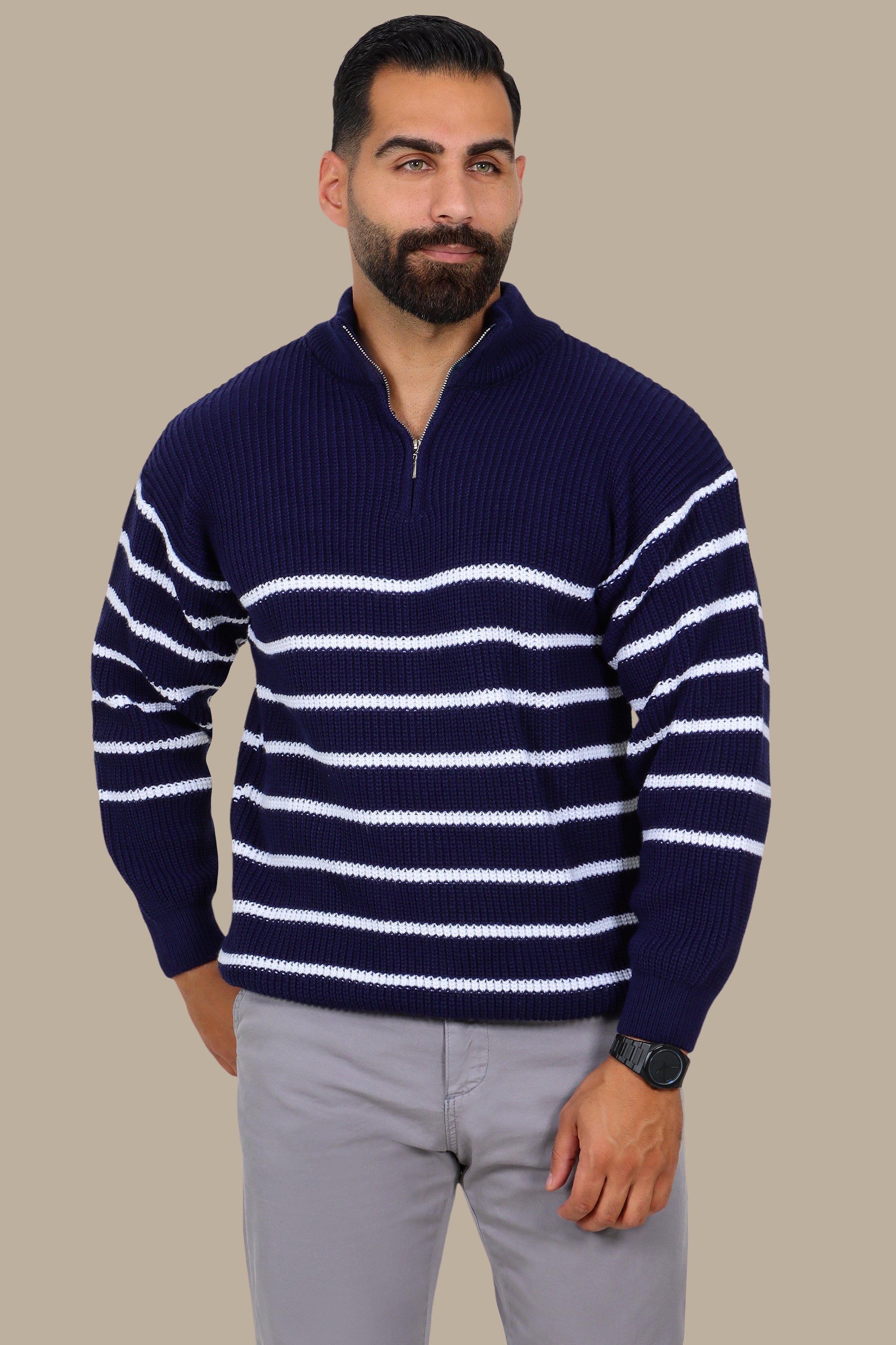 Mercerized Half-Zip Sweater with Small Stripes in Navy
