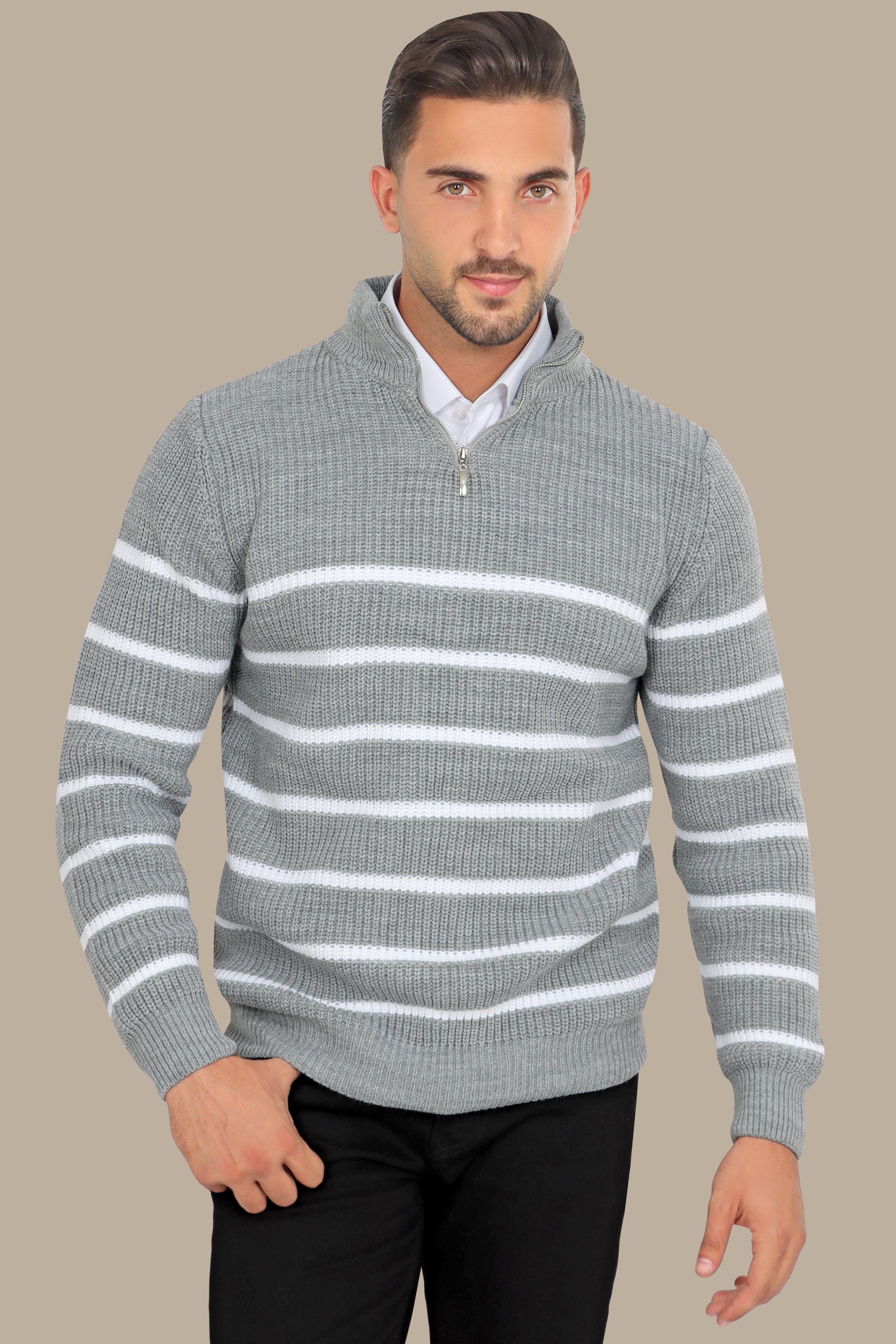 Grey Half-Zip Mercerized Sweater with Subtle Stripes