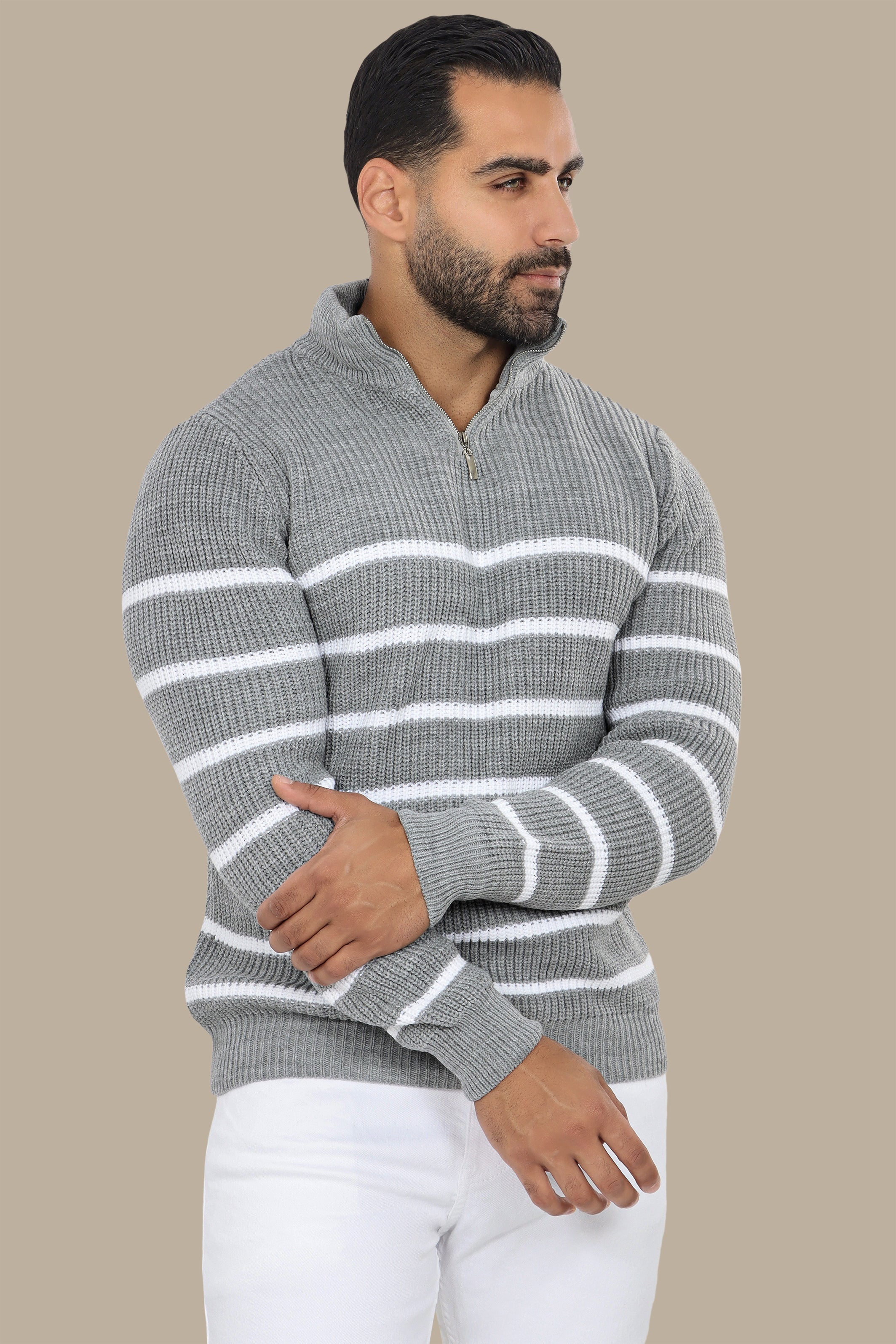 Grey Half-Zip Mercerized Sweater with Subtle Stripes