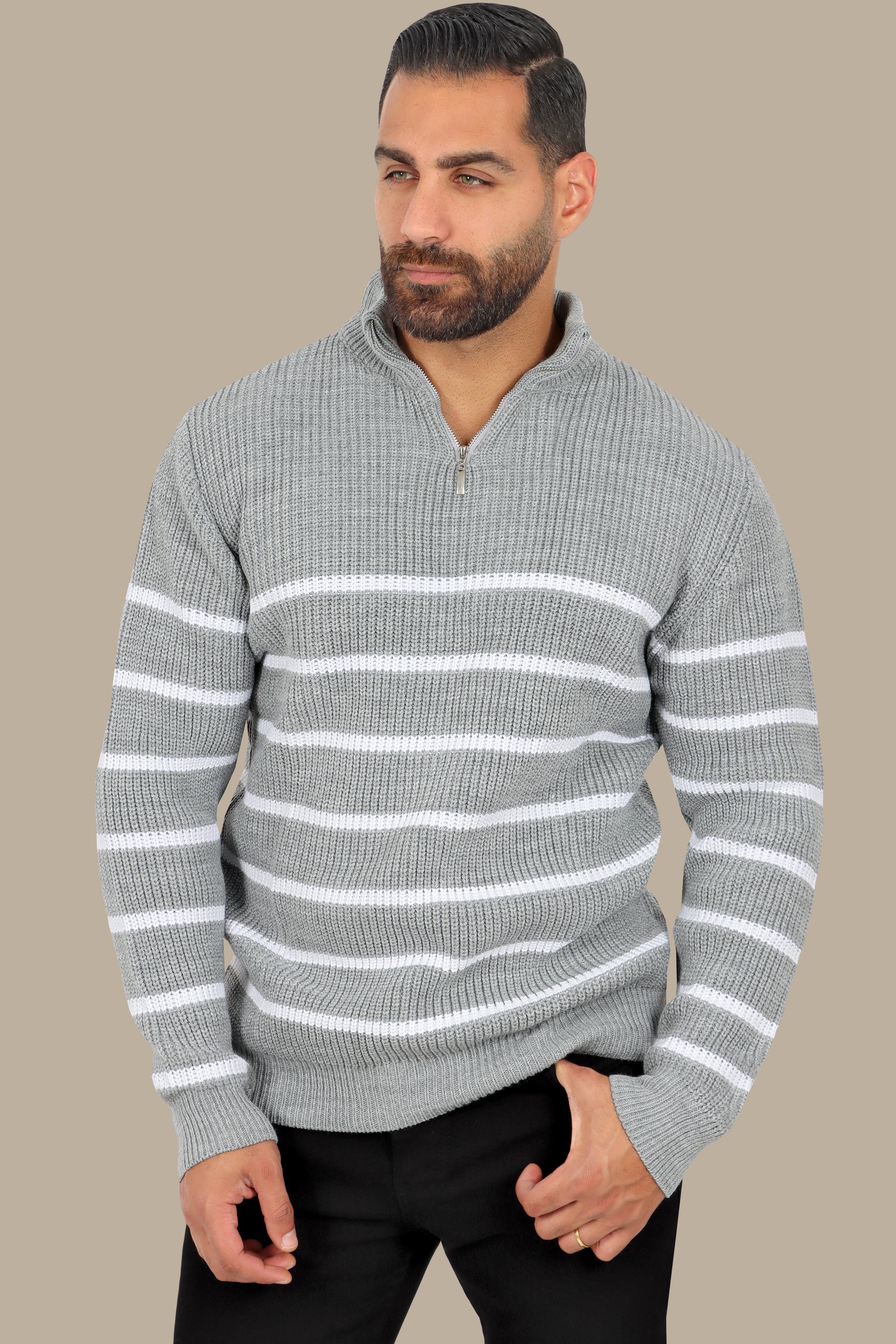 Grey Half-Zip Mercerized Sweater with Subtle Stripes