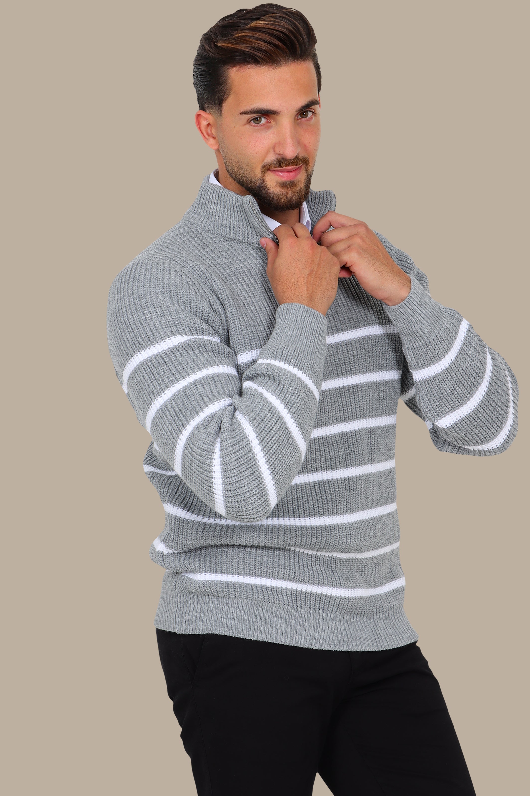 Grey Half-Zip Mercerized Sweater with Subtle Stripes