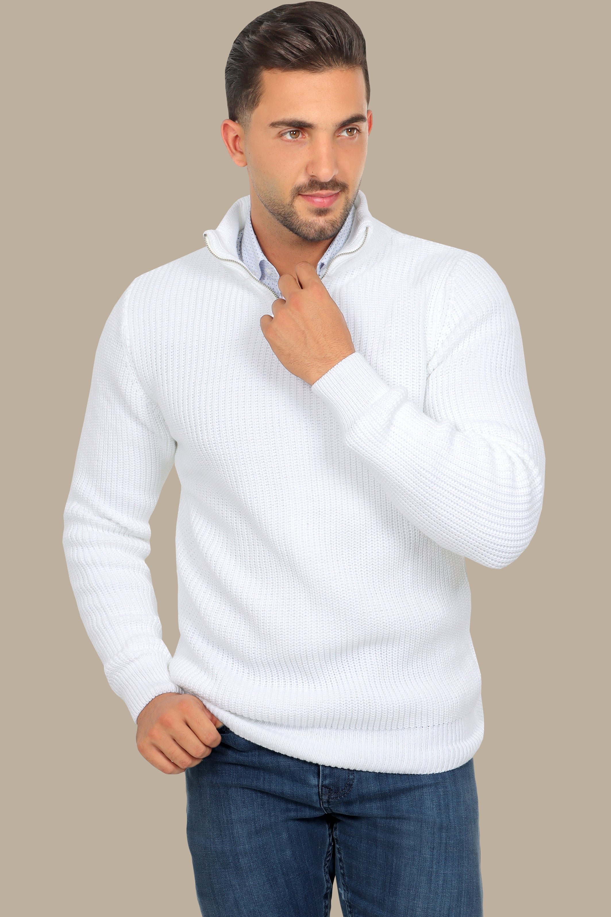 White Half-Zipper Plain Mercerized Sweater