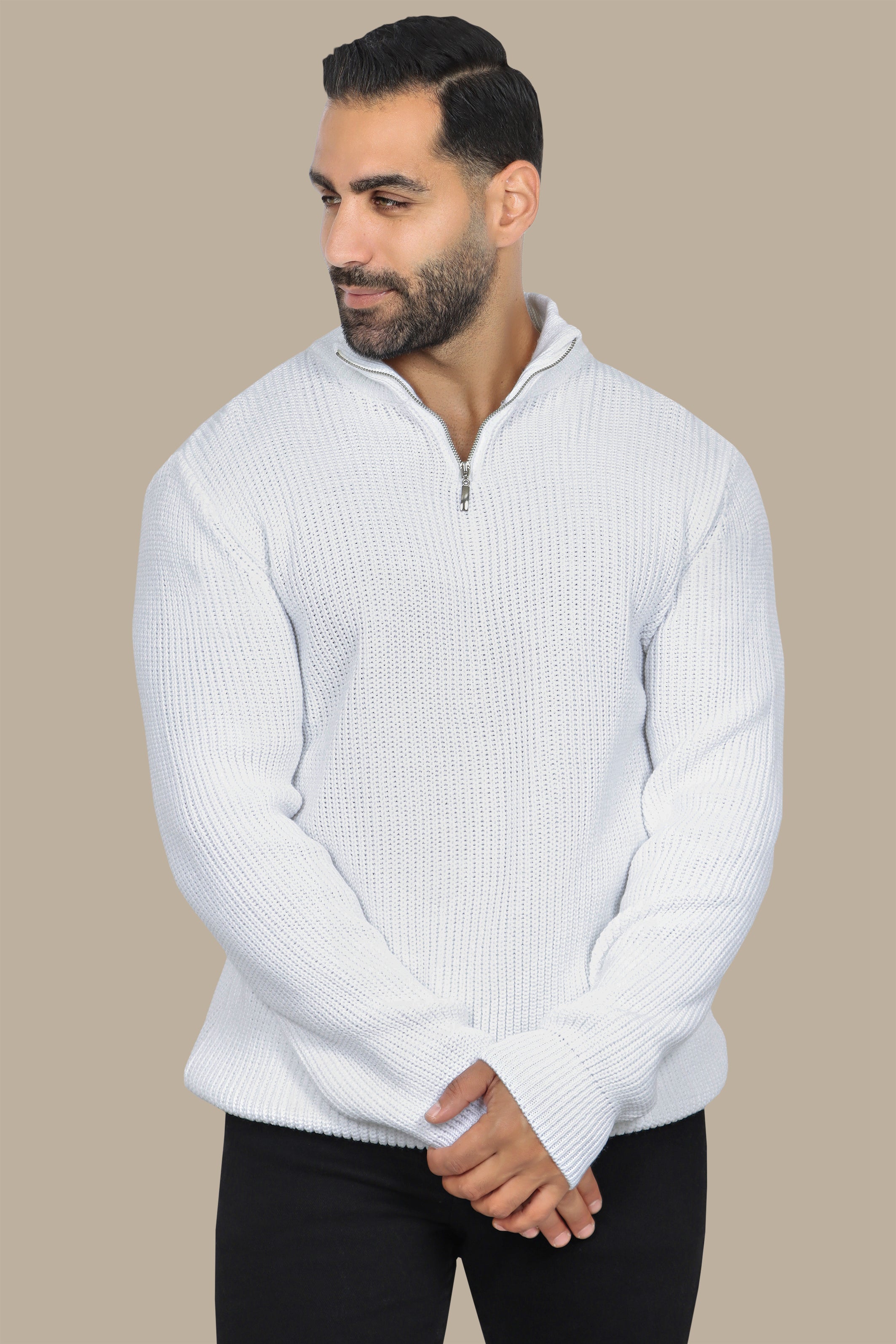 White Half-Zipper Plain Mercerized Sweater