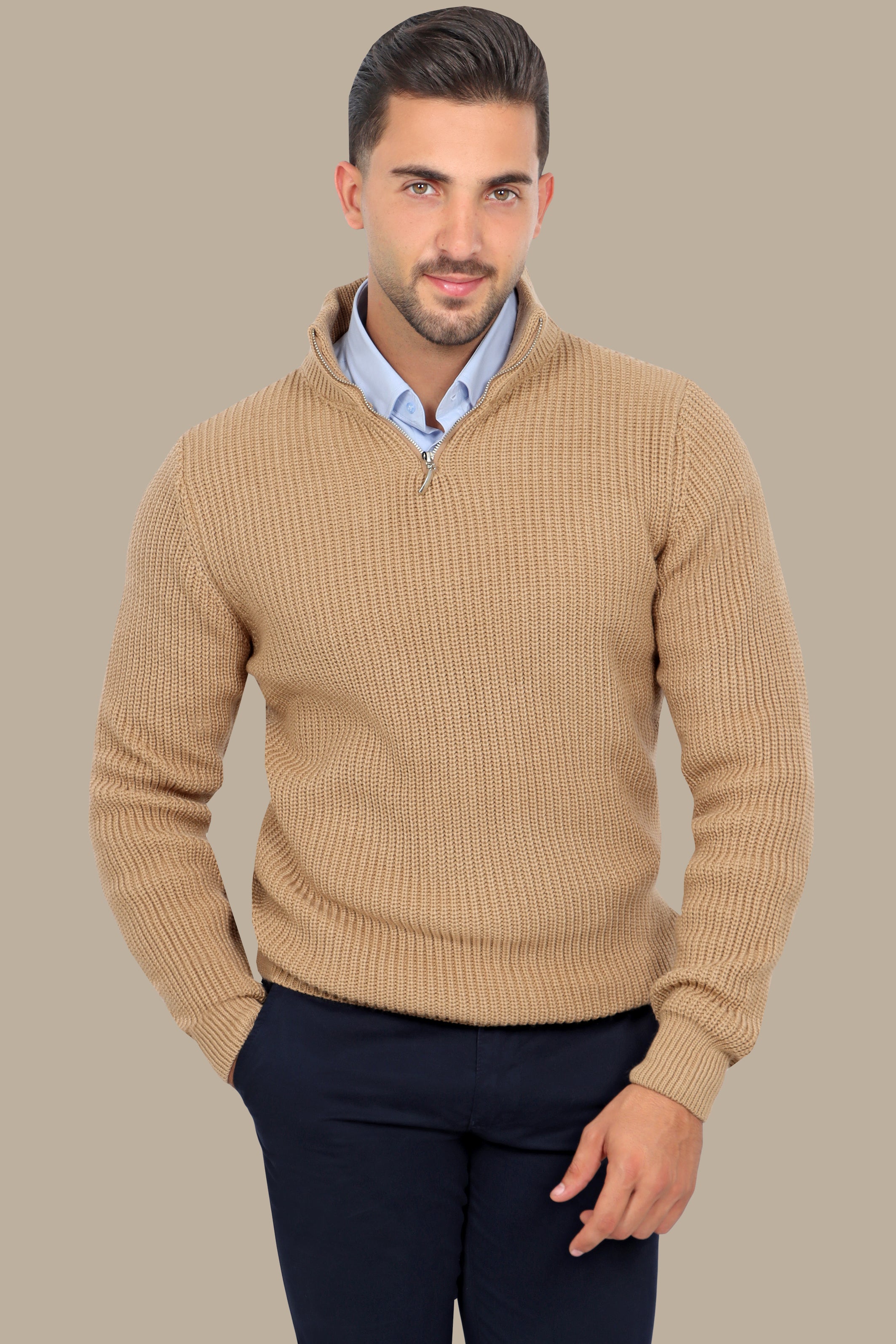 Beige Half-Zipper Plain Mercerized Sweater