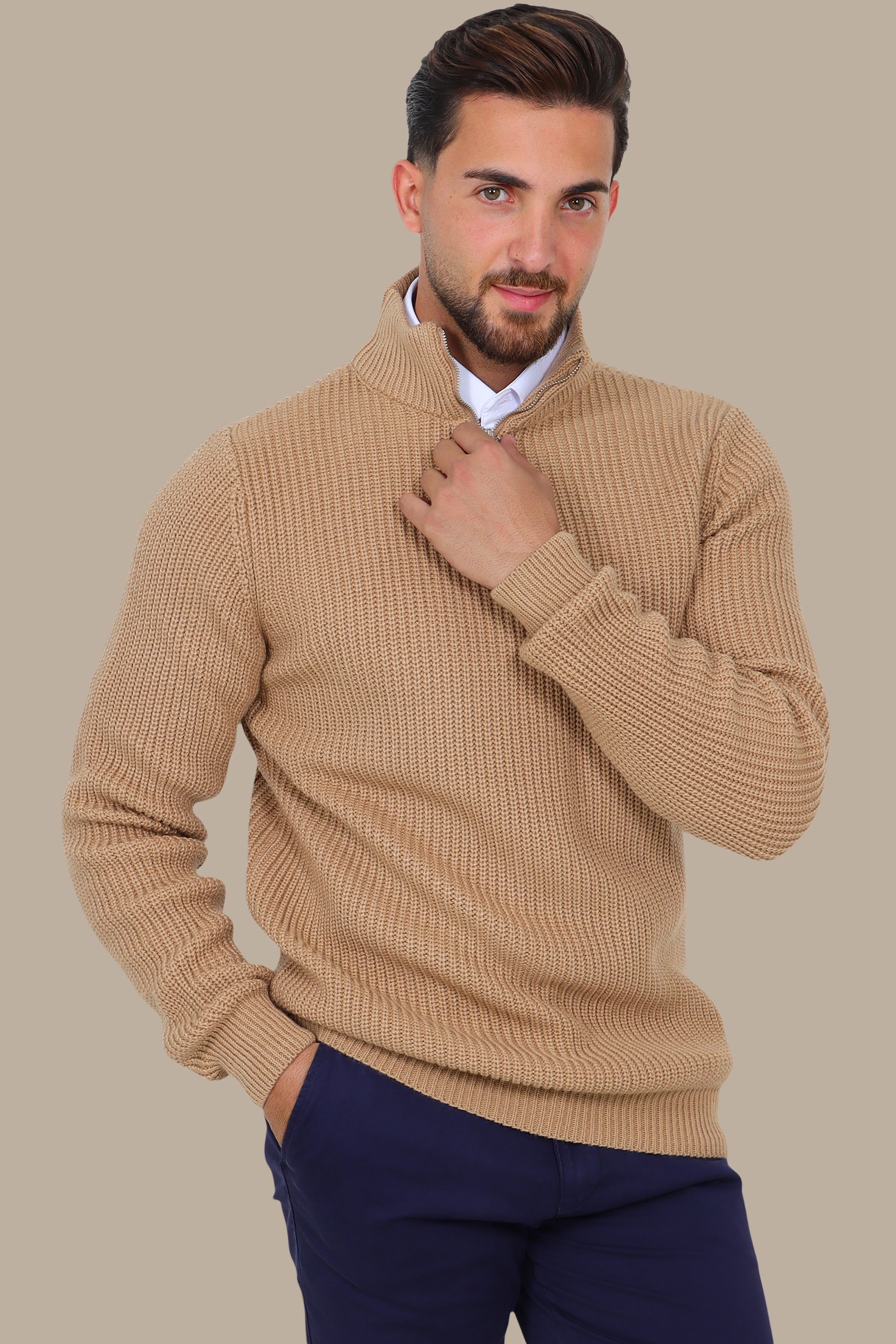 Beige Half-Zipper Plain Mercerized Sweater