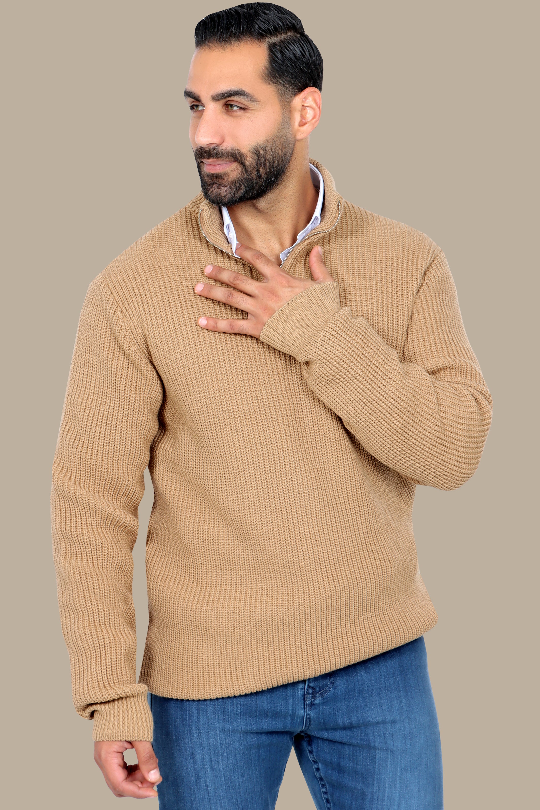 Beige Half-Zipper Plain Mercerized Sweater