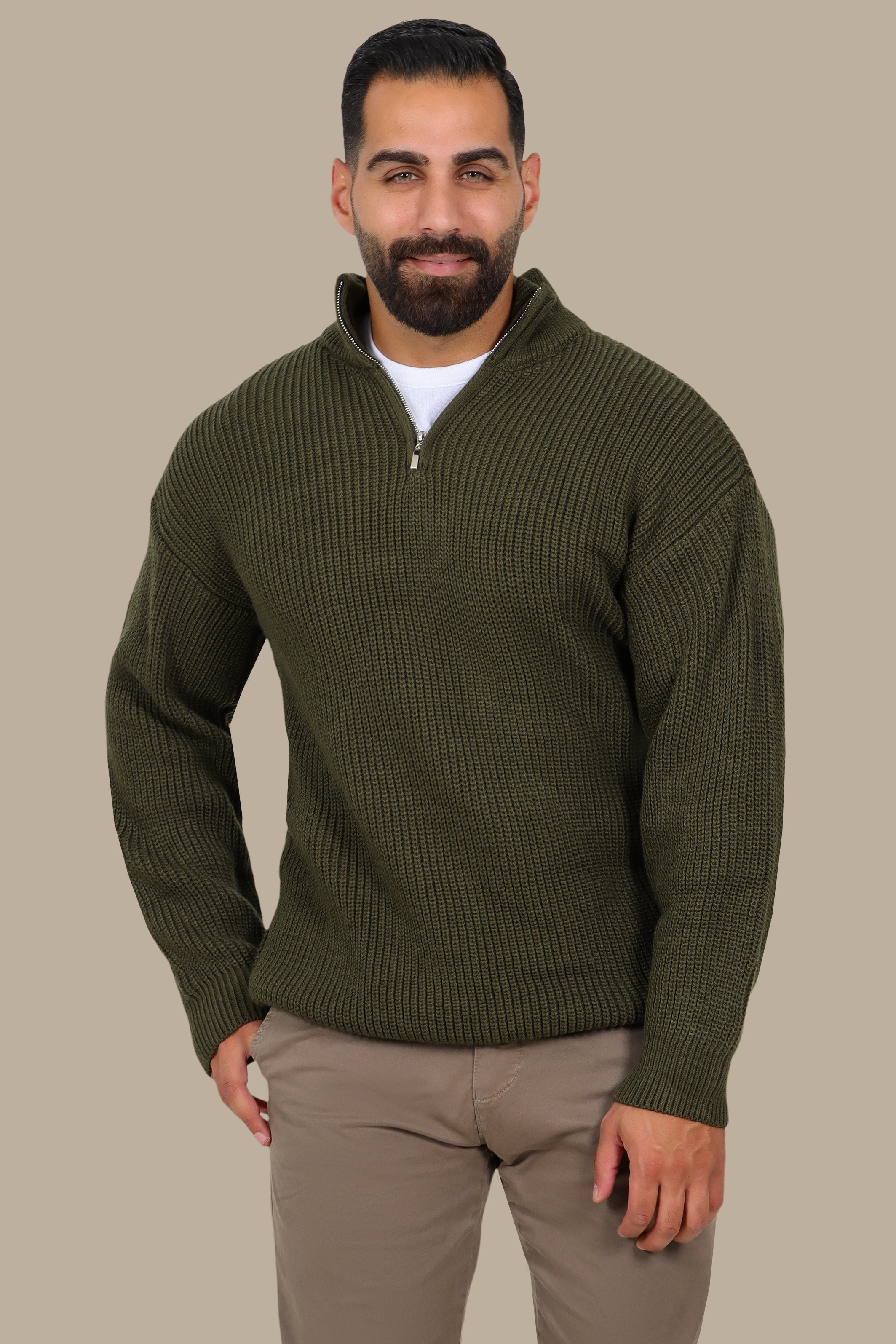 Mercerized Half-Zip Sweater in Khaki