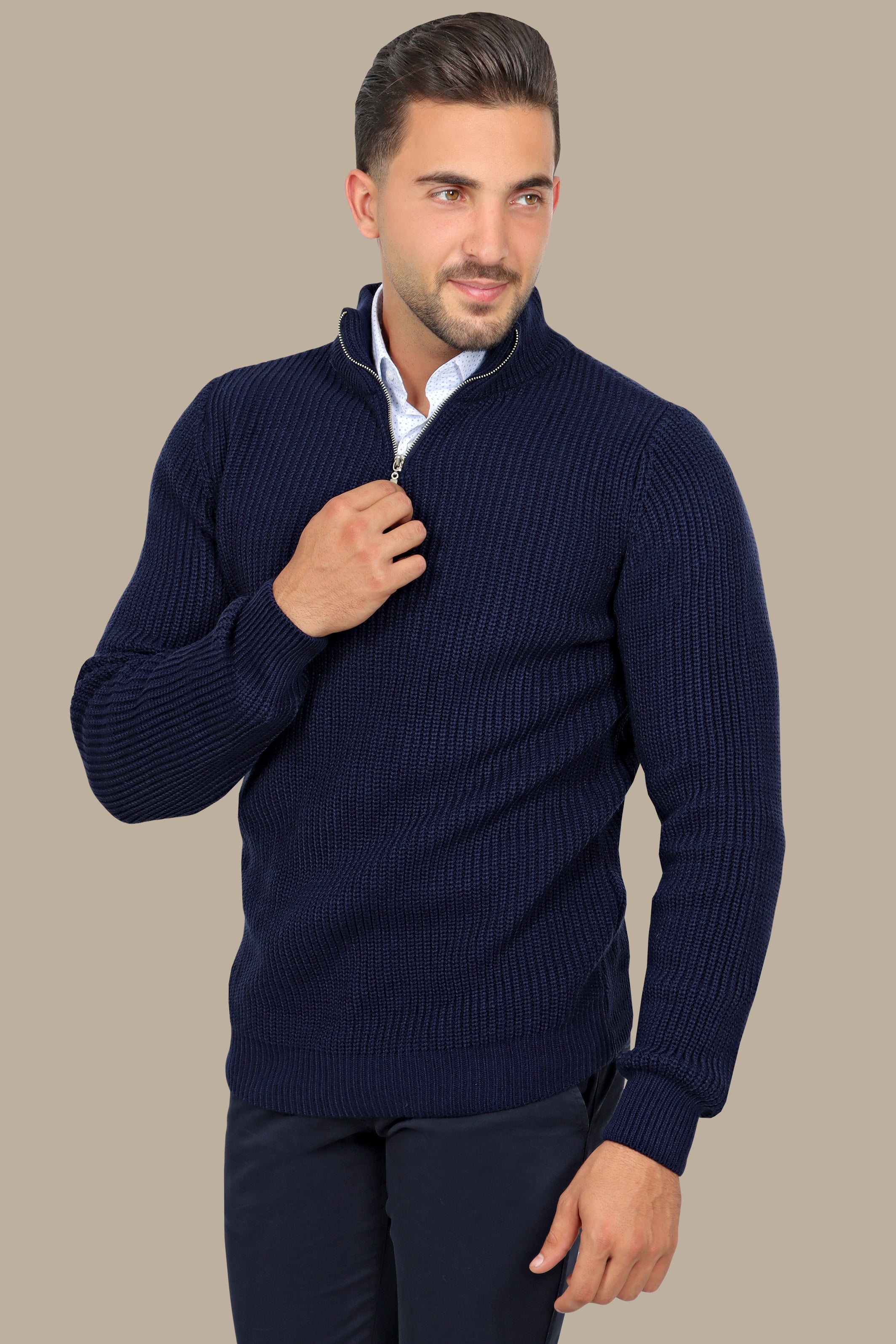 Navy Half-Zipper Plain Mercerized Sweater