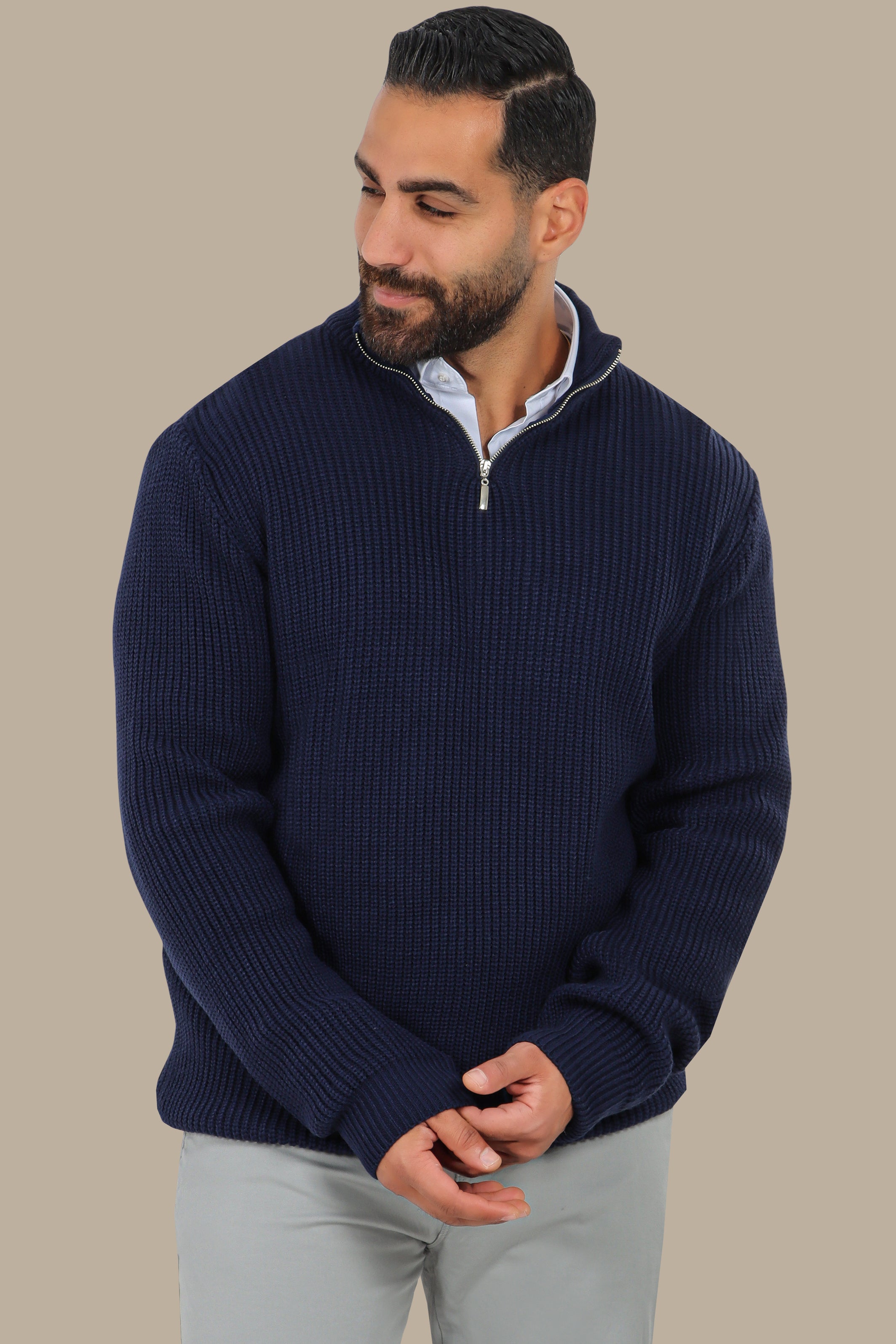 Navy Half-Zipper Plain Mercerized Sweater