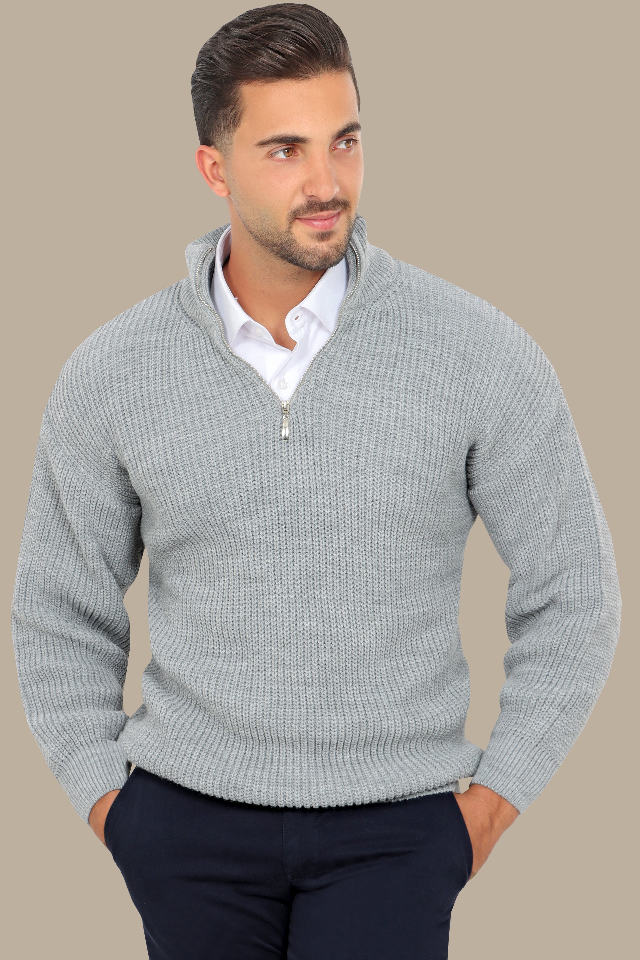 Grey Half-Zipper Plain Mercerized Sweater