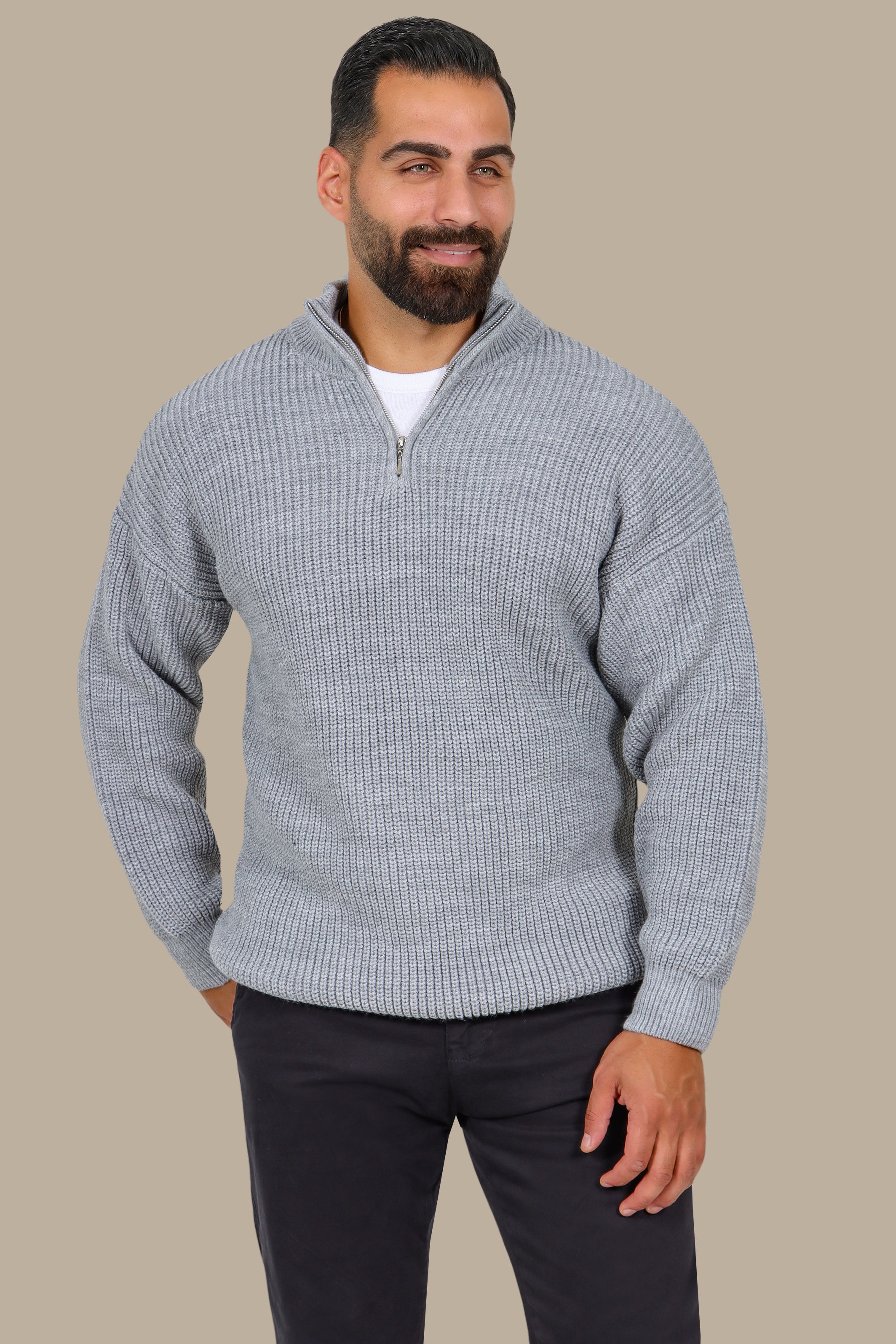 Grey Half-Zipper Plain Mercerized Sweater