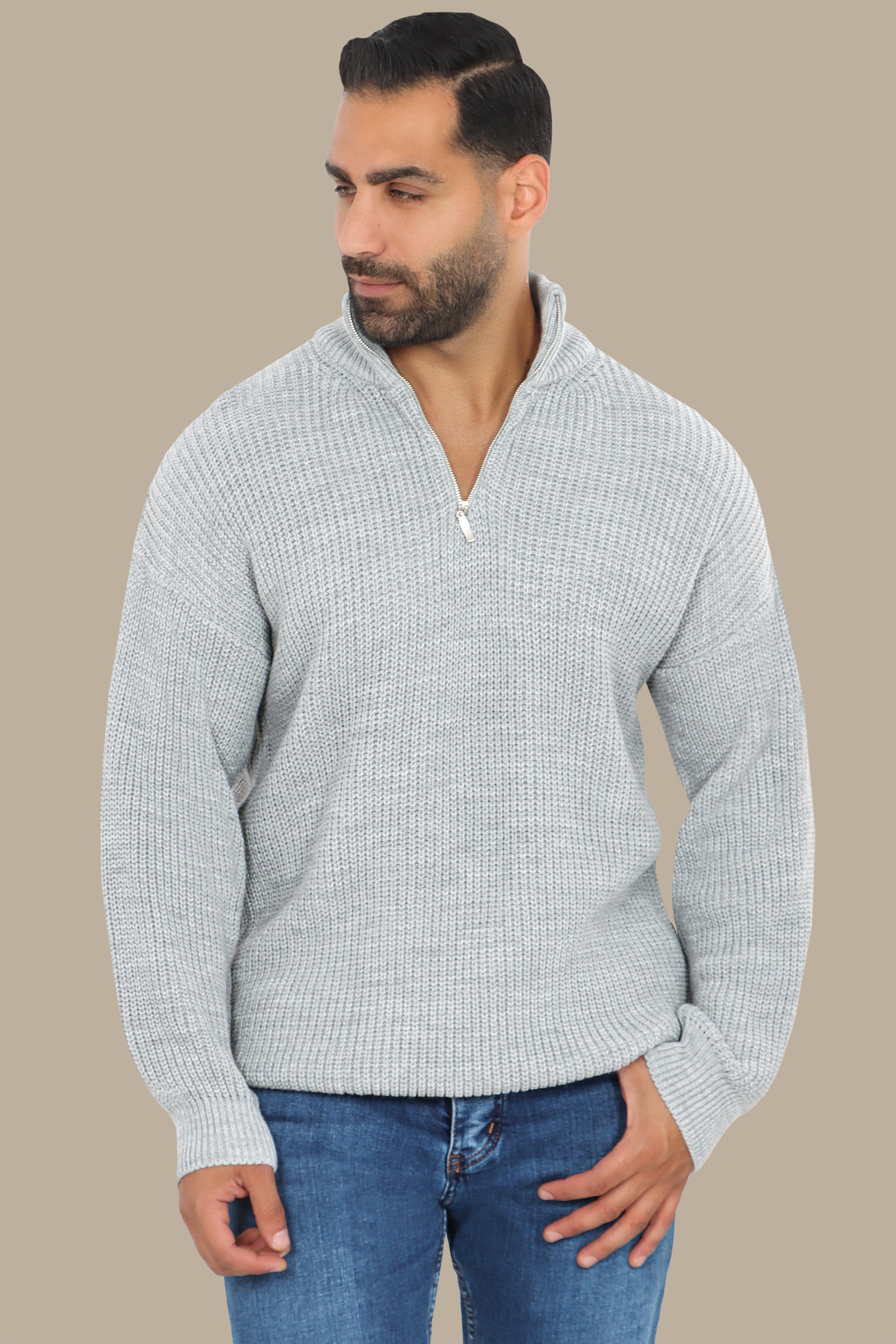 Grey Half-Zipper Plain Mercerized Sweater