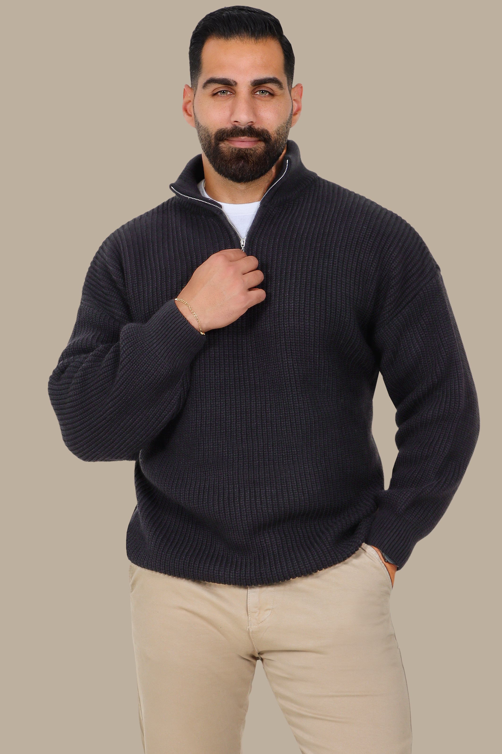Modern Essential: Black Mercerized Half-Zipper Sweater