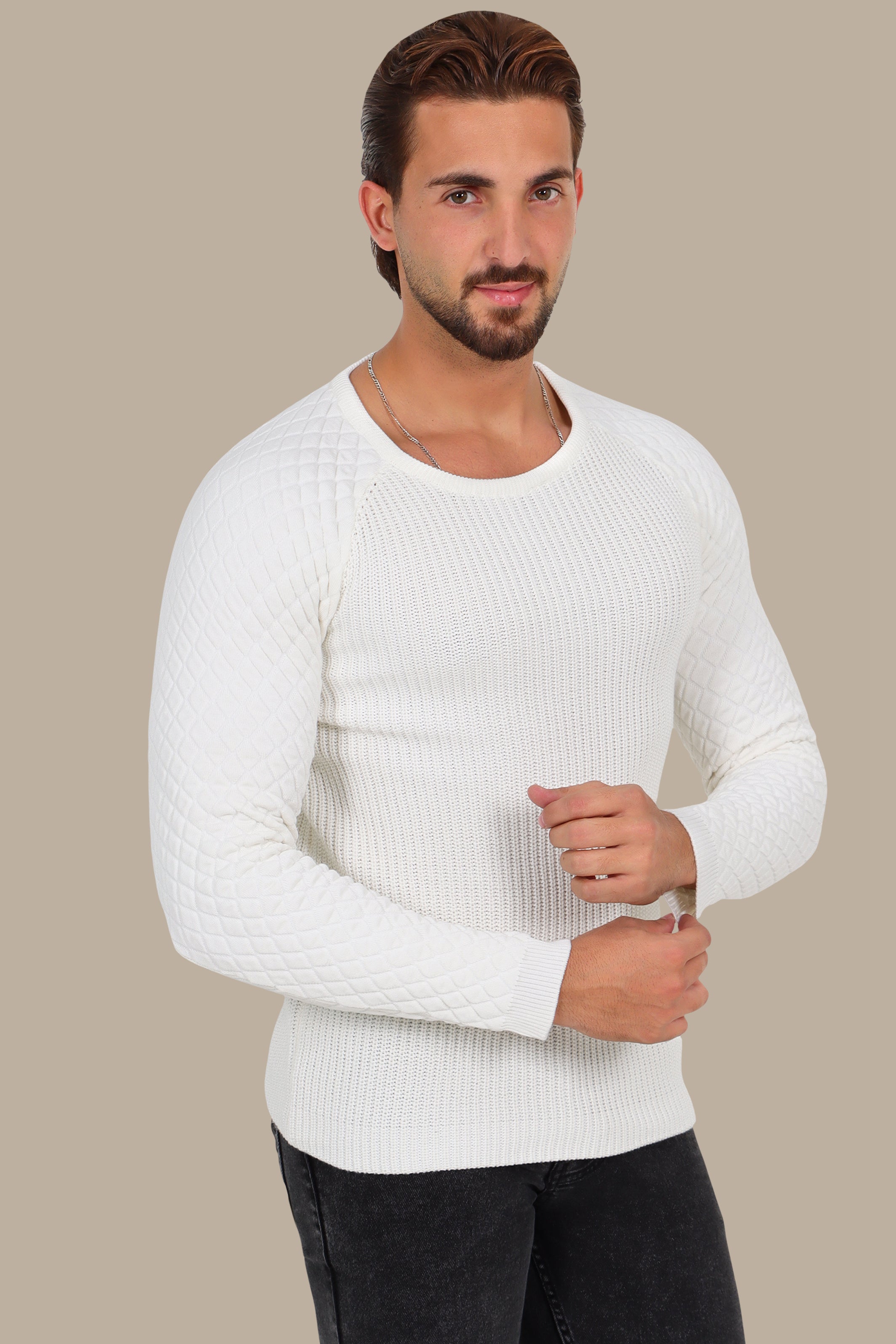 White Mercerized Sweater with Lozenge Shoulder Pattern