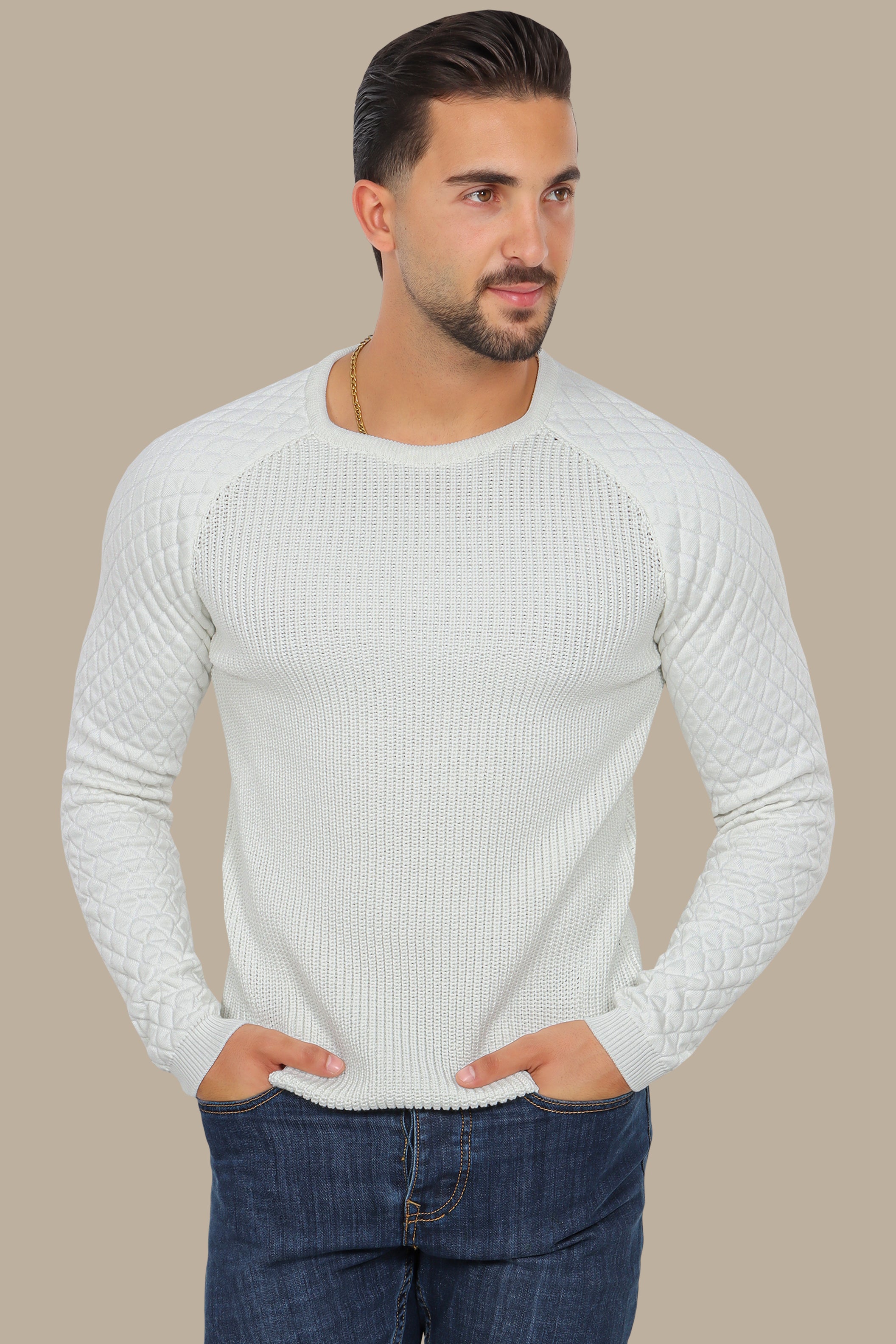 White Mercerized Sweater with Lozenge Shoulder Pattern