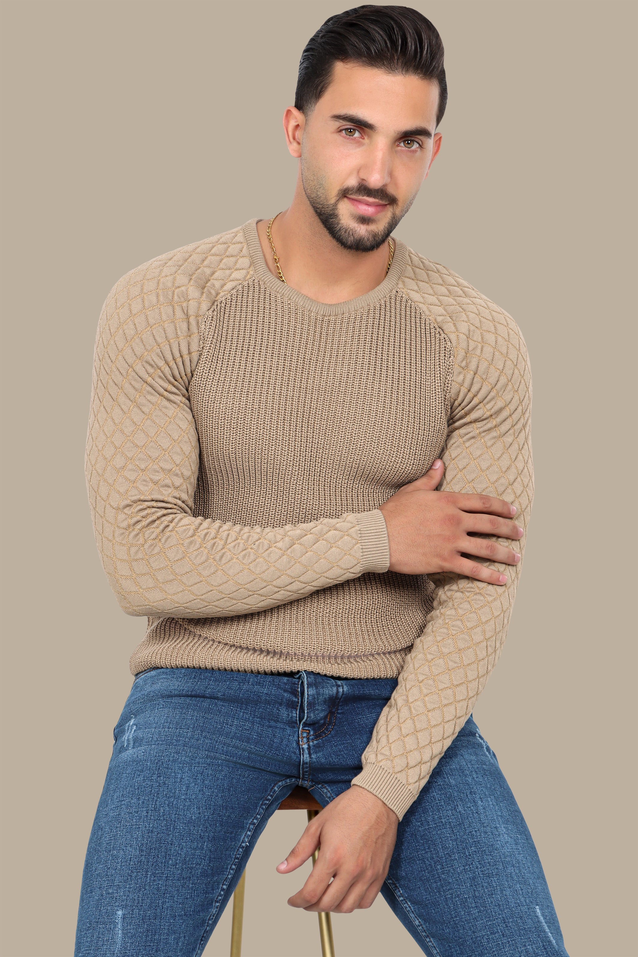 Beige Mercerized Sweater with Lozenge Shoulder Pattern