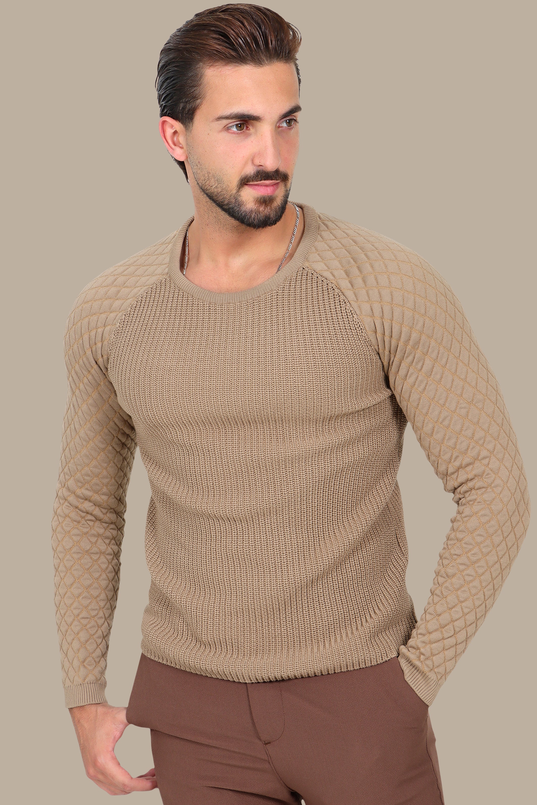 Beige Mercerized Sweater with Lozenge Shoulder Pattern
