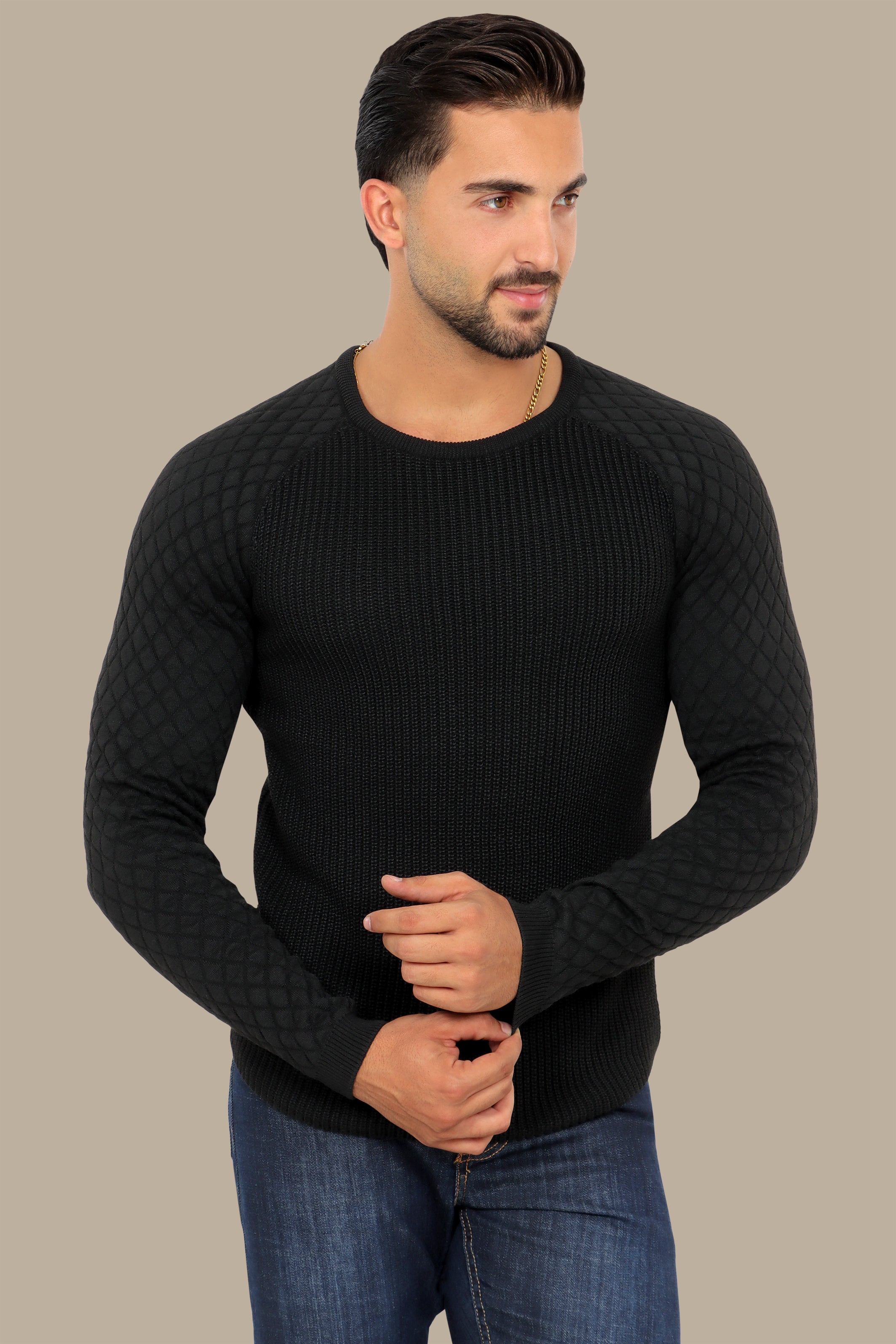 Black Mercerized Sweater with Lozenge Shoulder Pattern