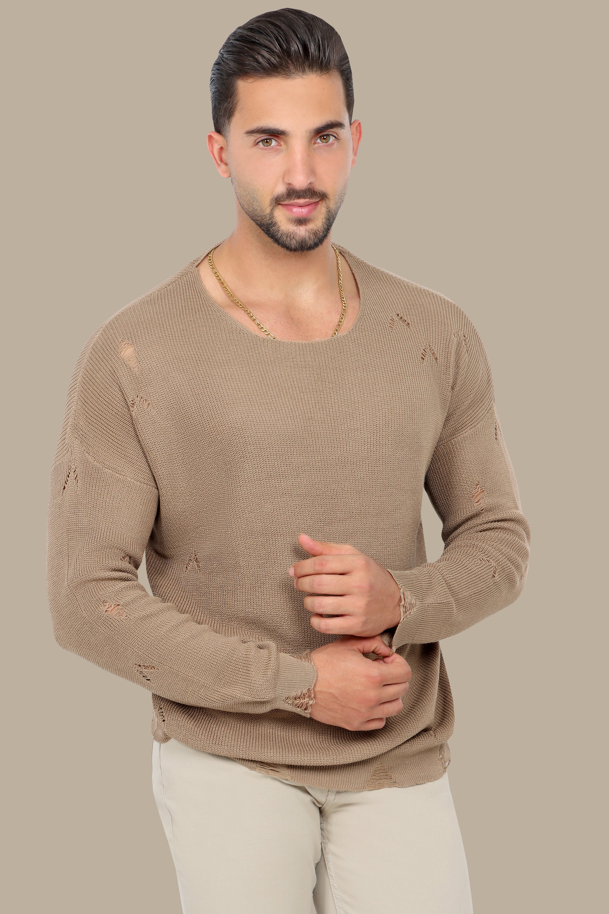 Beige Oversized Destroyed Mercerized Sweater