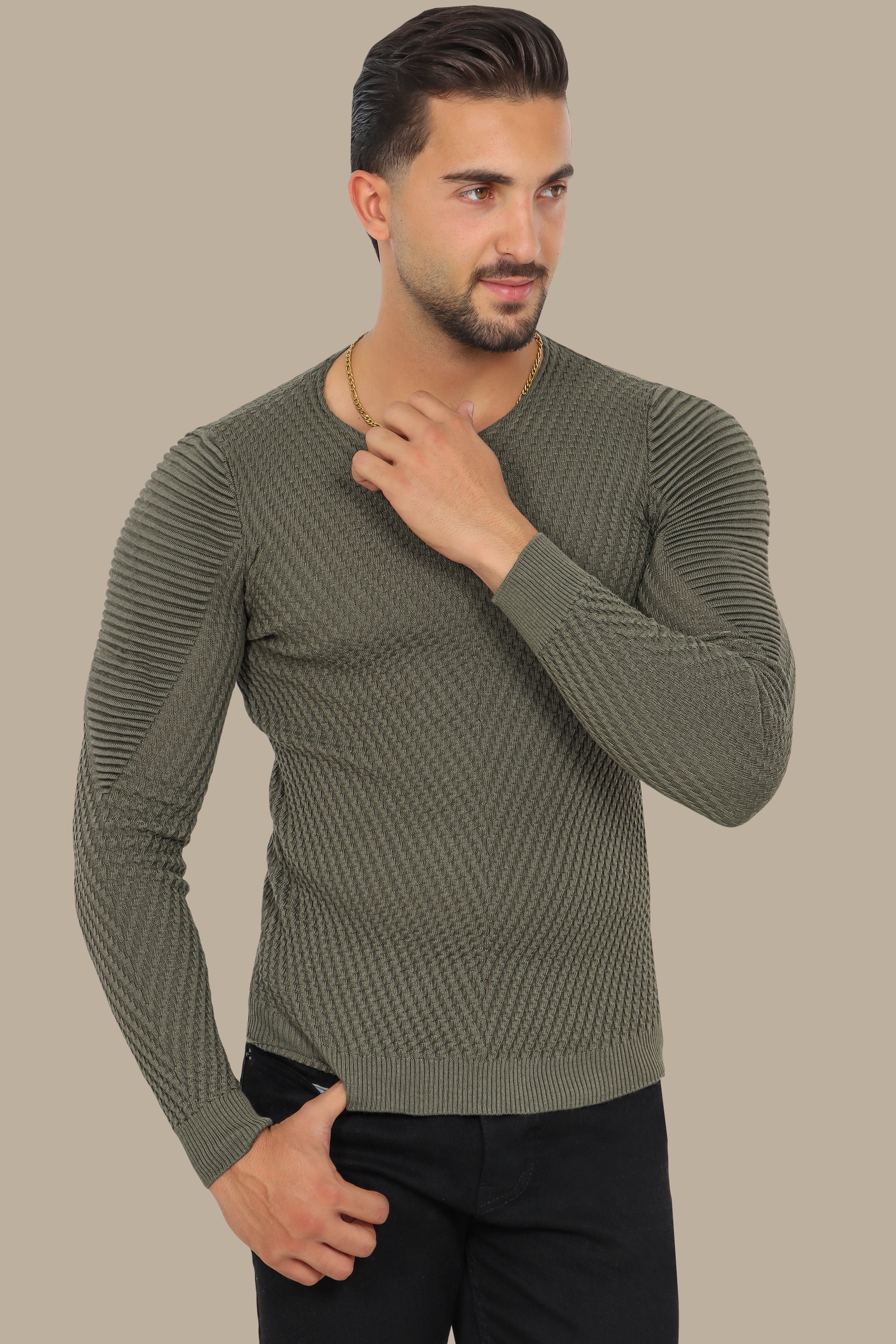 Khaki Structured Sweater with Ribbed Shoulders