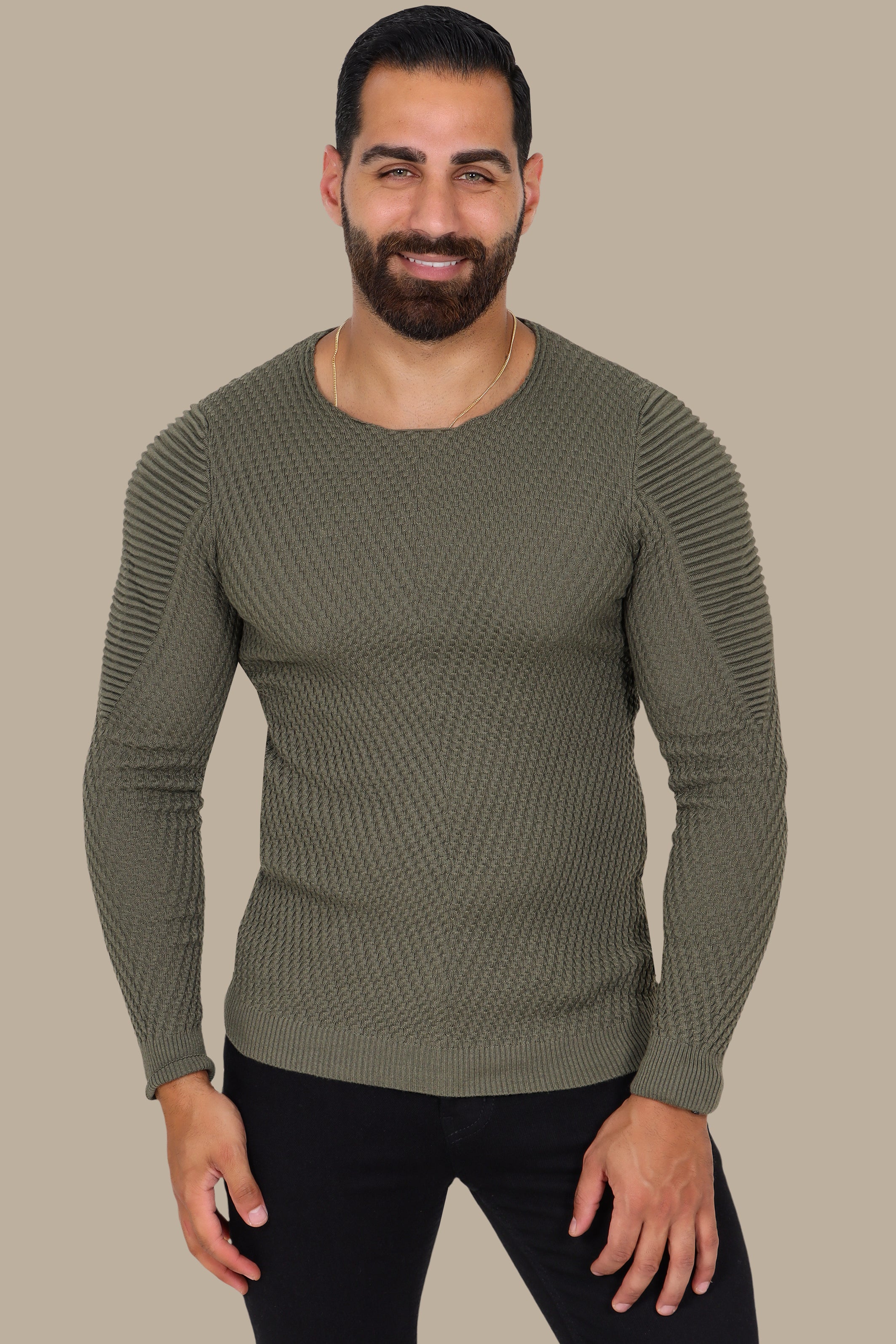 Khaki Structured Sweater with Ribbed Shoulders