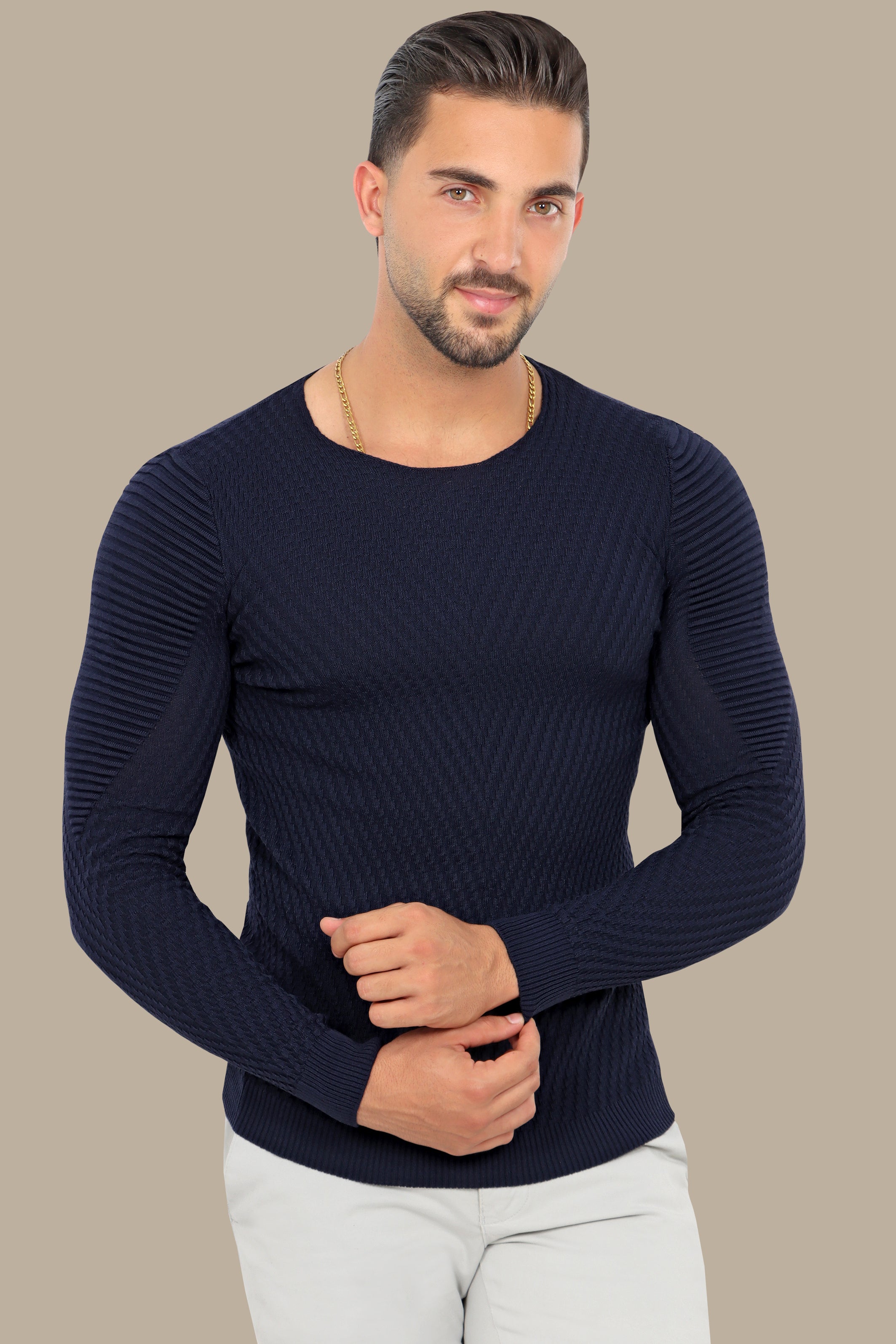 Navy Structured Ribbed Shoulder Sweater