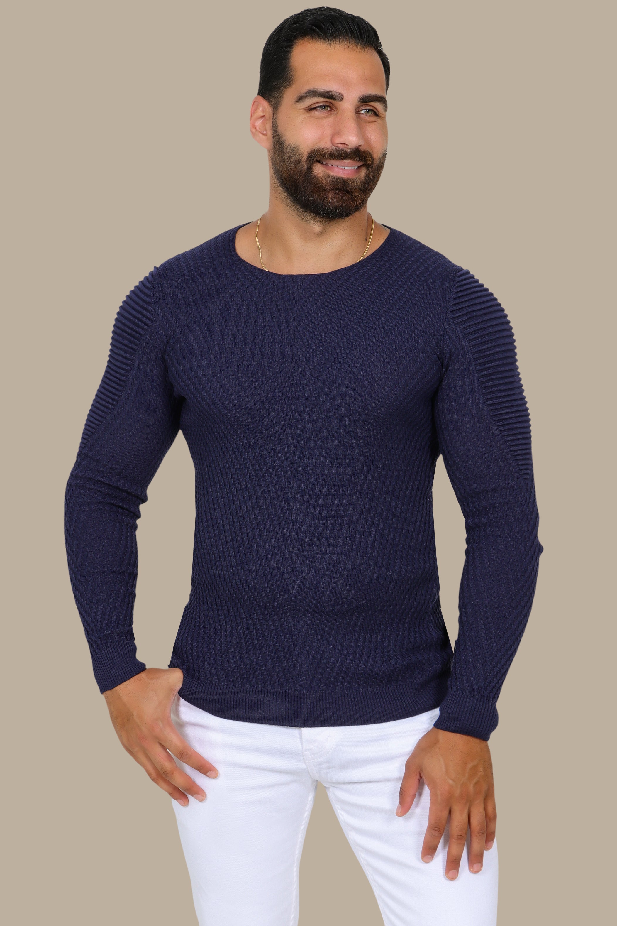 Navy Structured Ribbed Shoulder Sweater