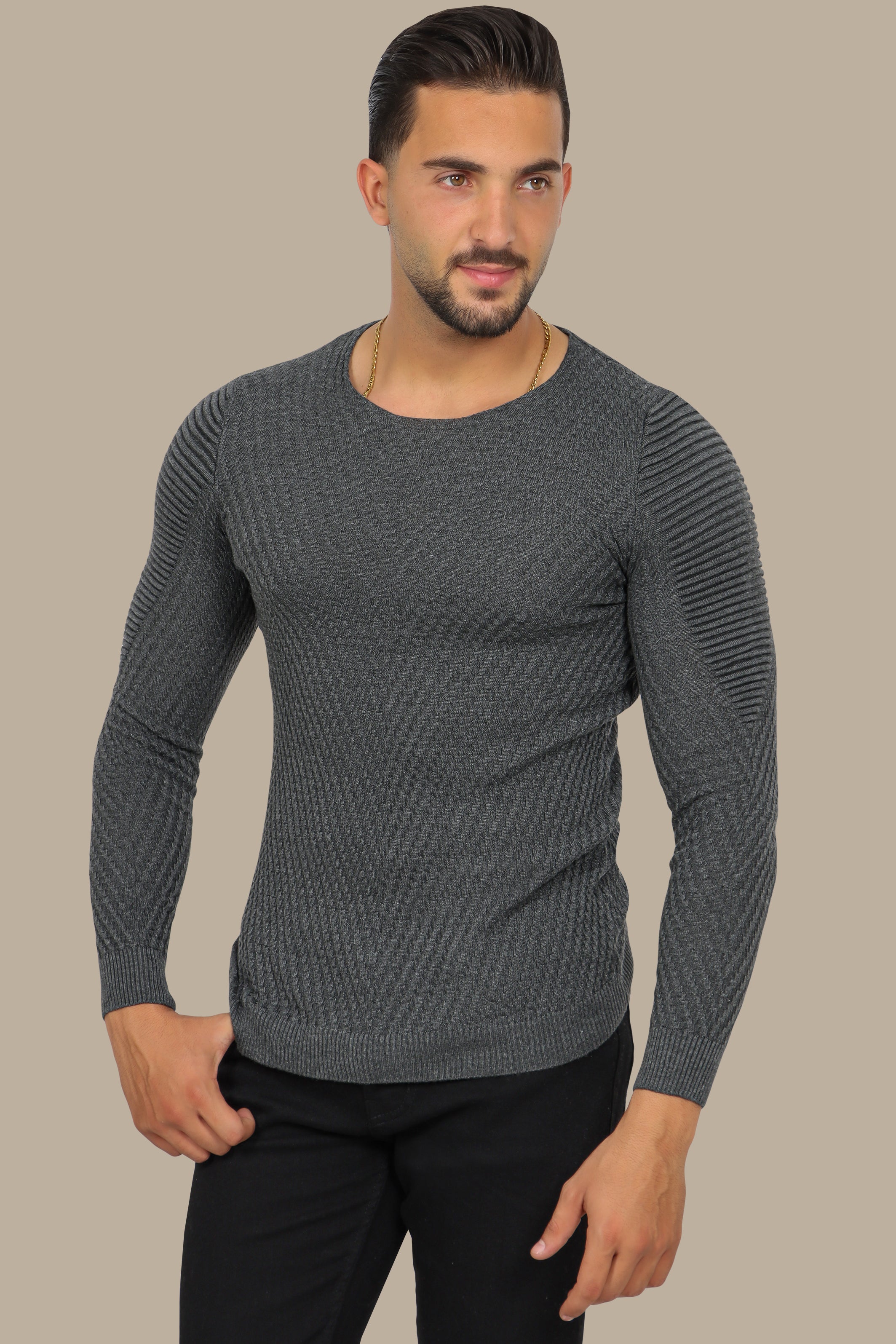 Grey Structured Sweater with Ribbed Shoulders