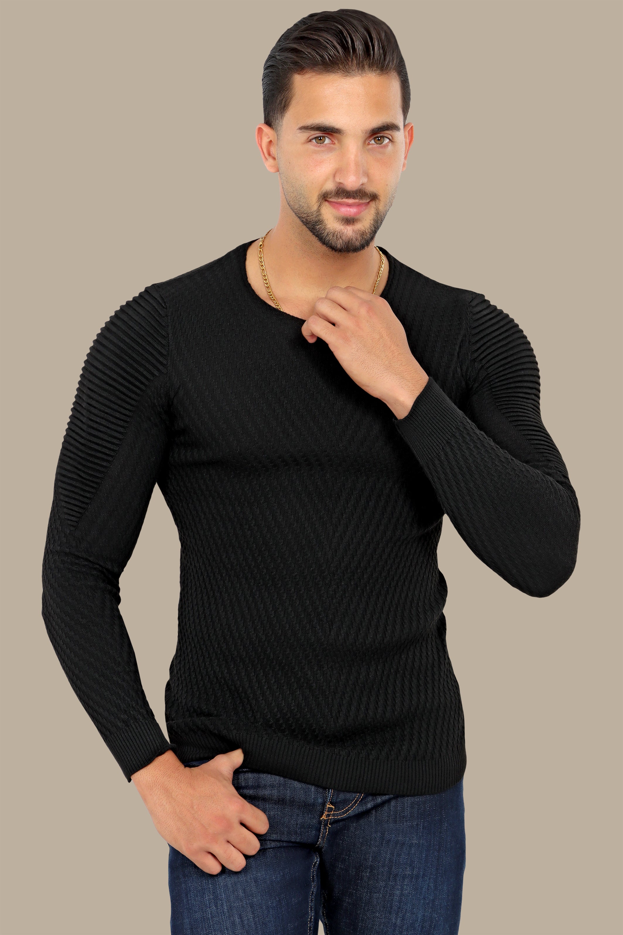 Black Sweater with Structured Ribbed Shoulder