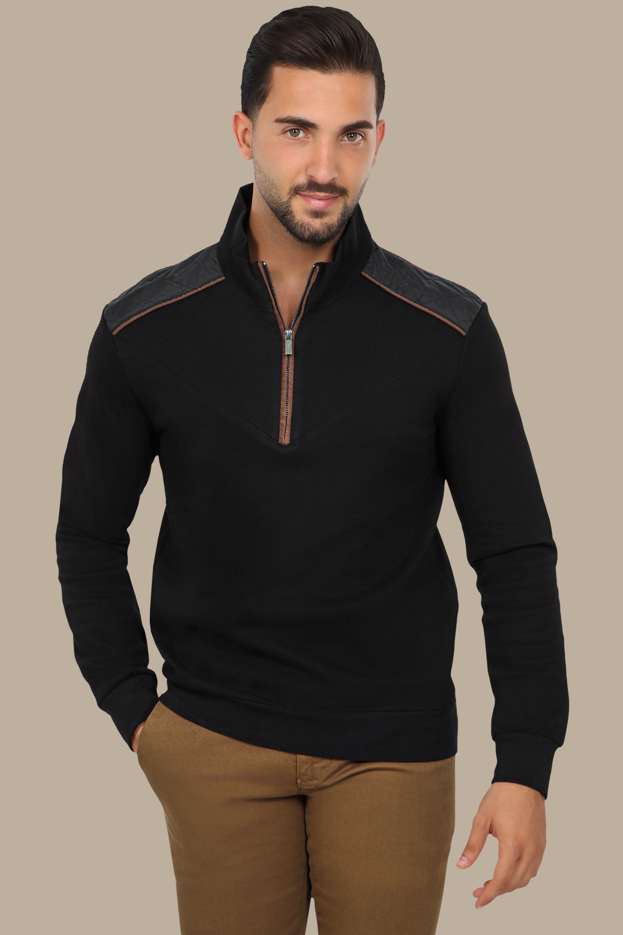 Black Half-Zip Sweater with V-Cut and Shoulder Detail