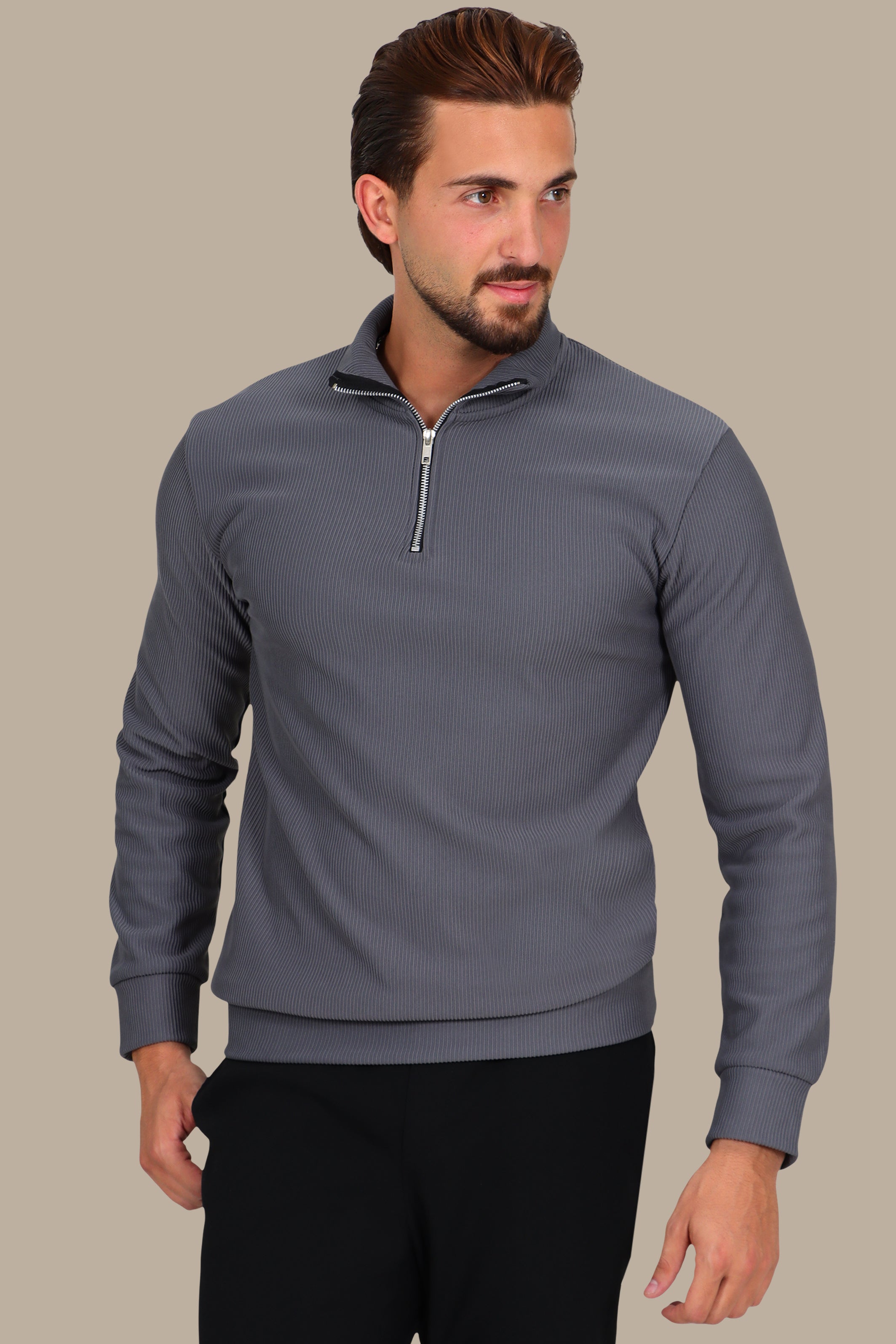 Long-Sleeve Ribbed Half-Zipper Sweater in Grey