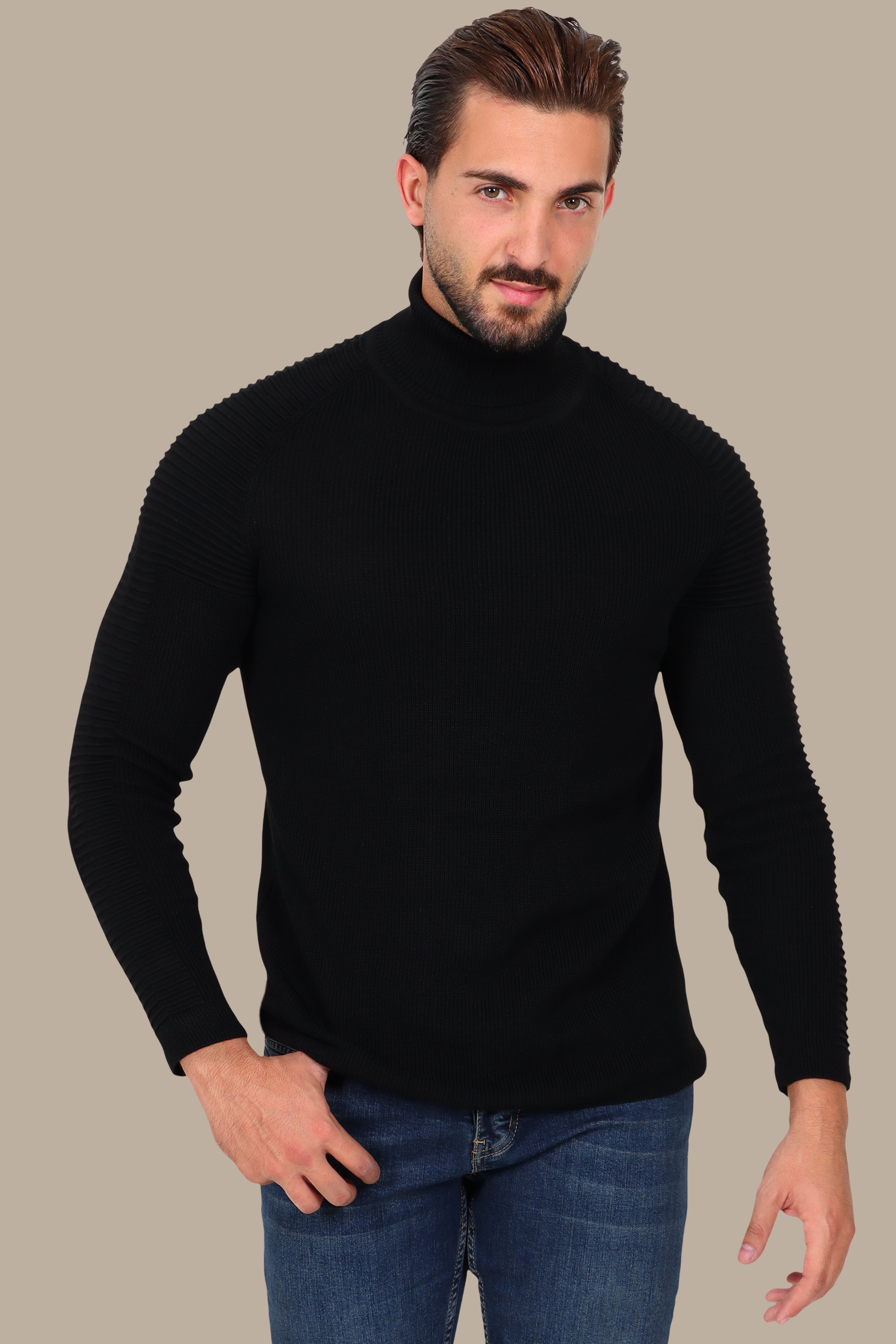 Black Mercerized Turtle-Neck Sweater with Ribbed Shoulders