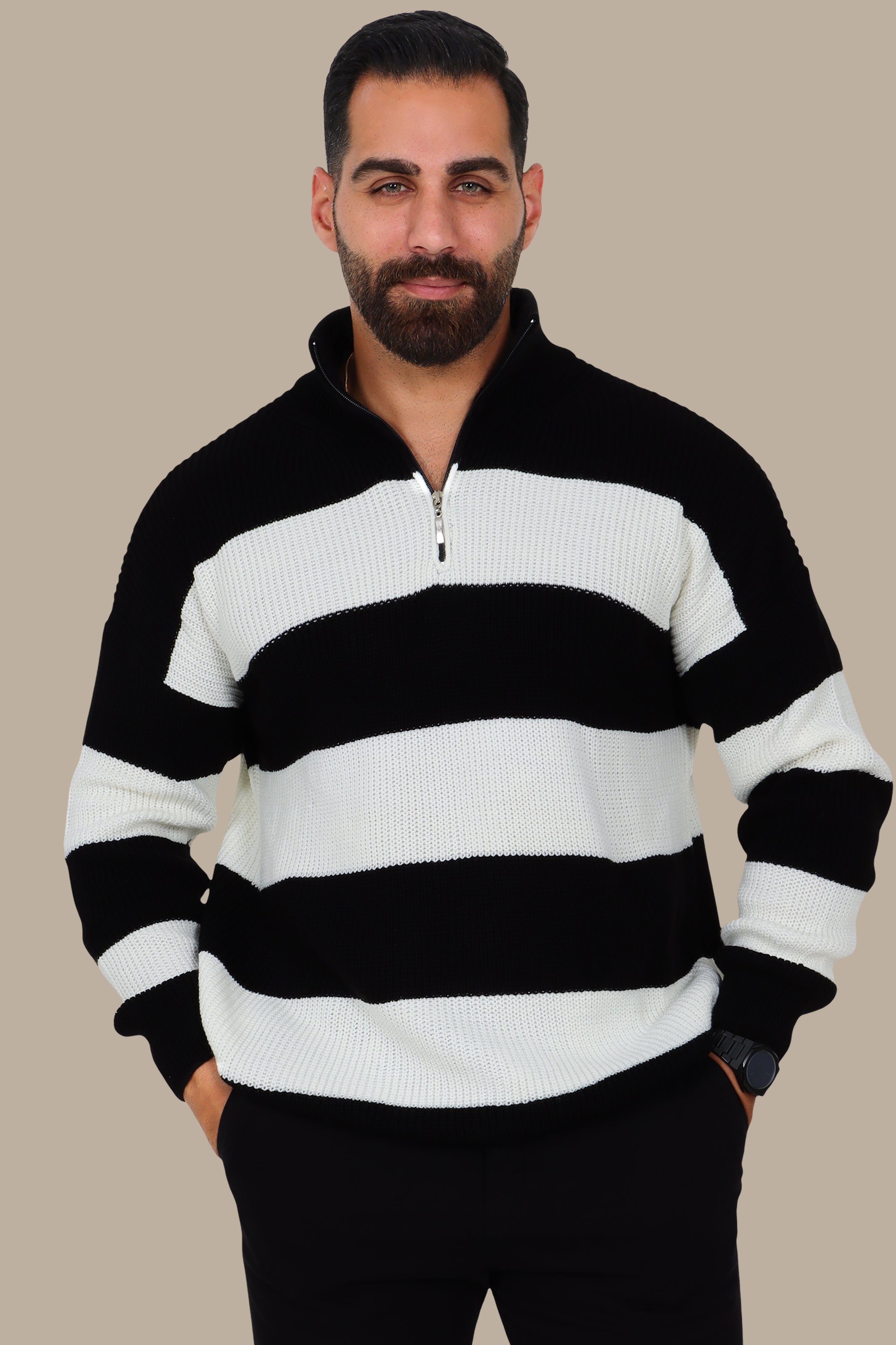 Black Mercerized Half-Zip Striped Sweater