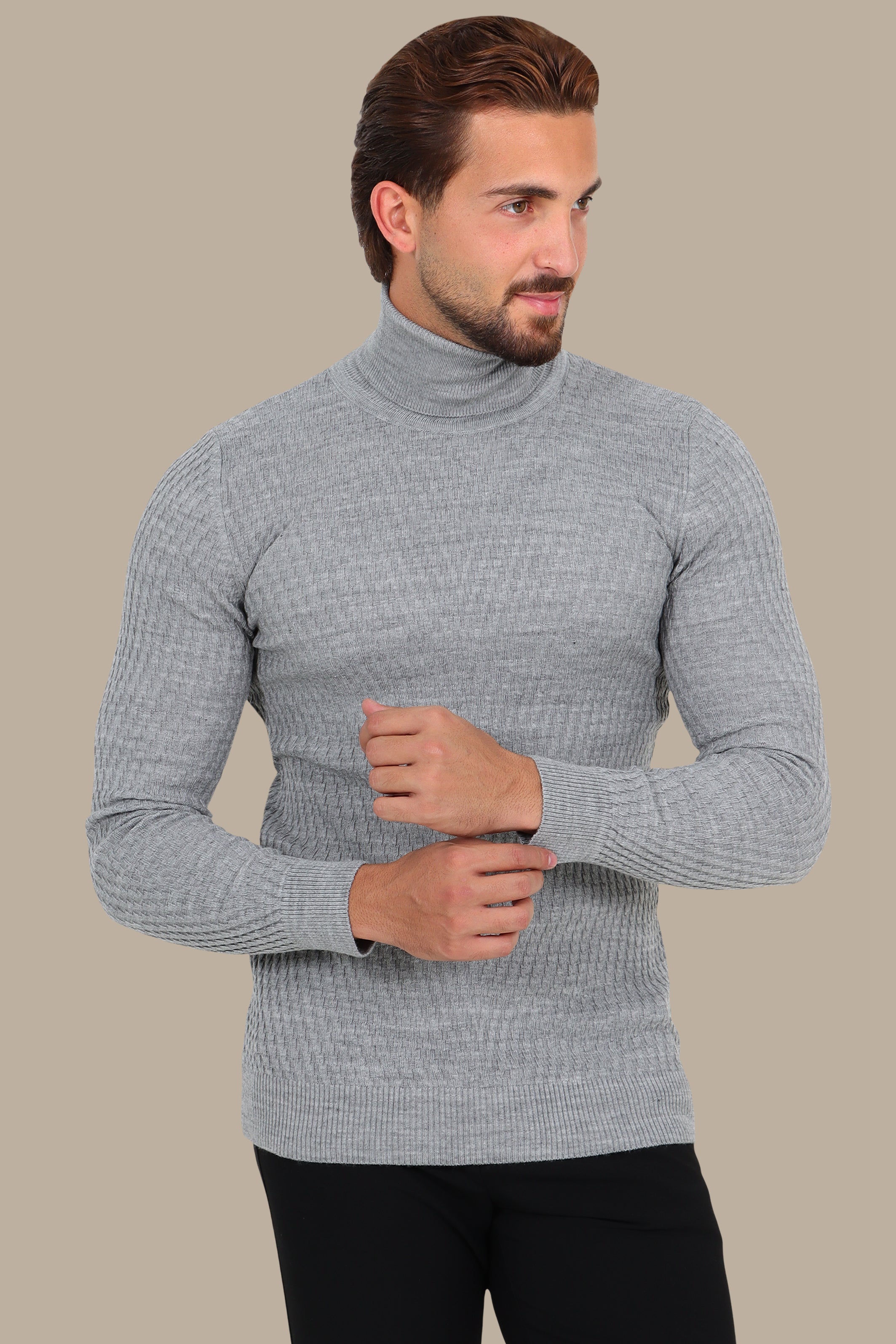 V-Cut Turtleneck Dogtooth Pattern Light Grey