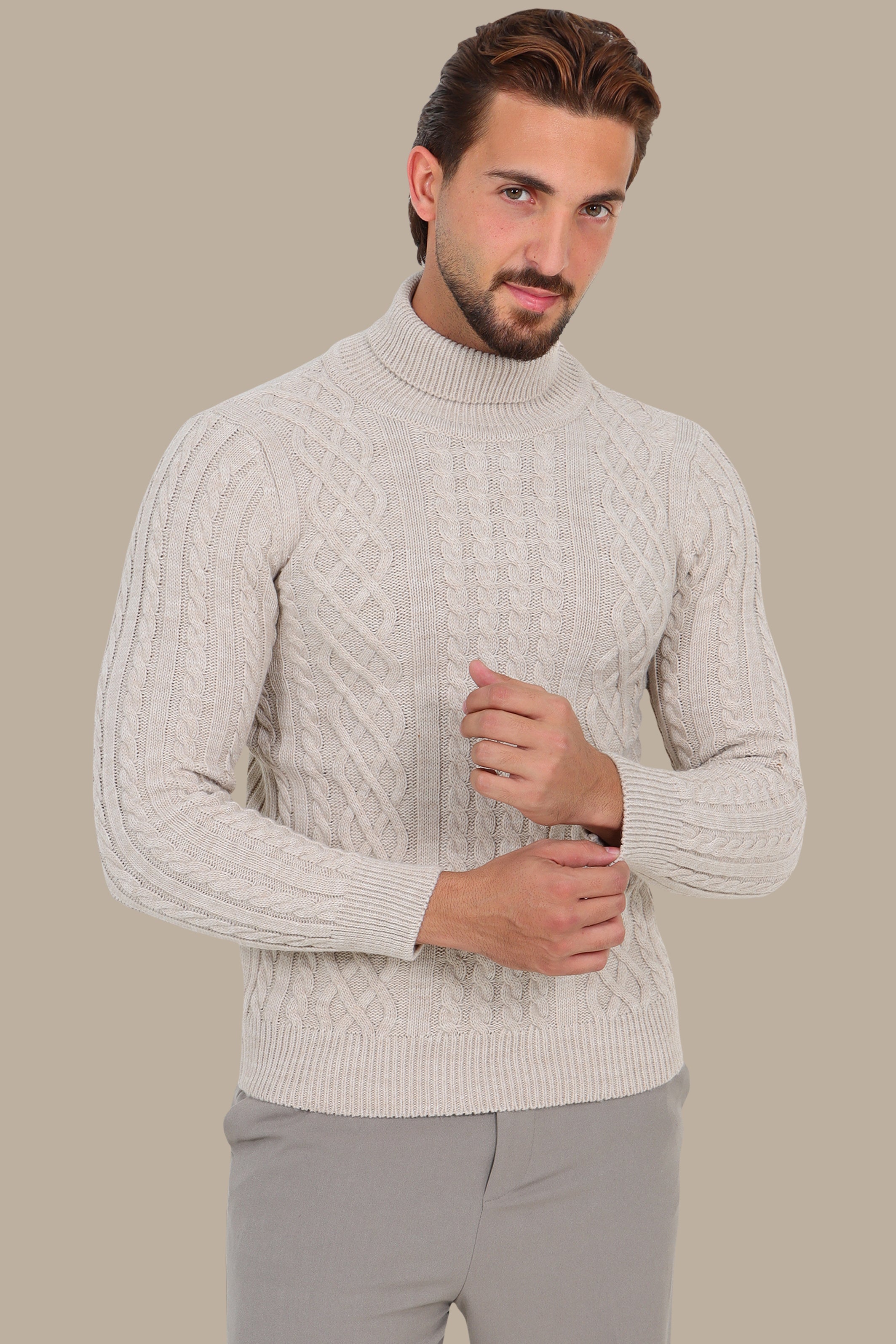 Thick Braided Turtleneck Sweater in Beige