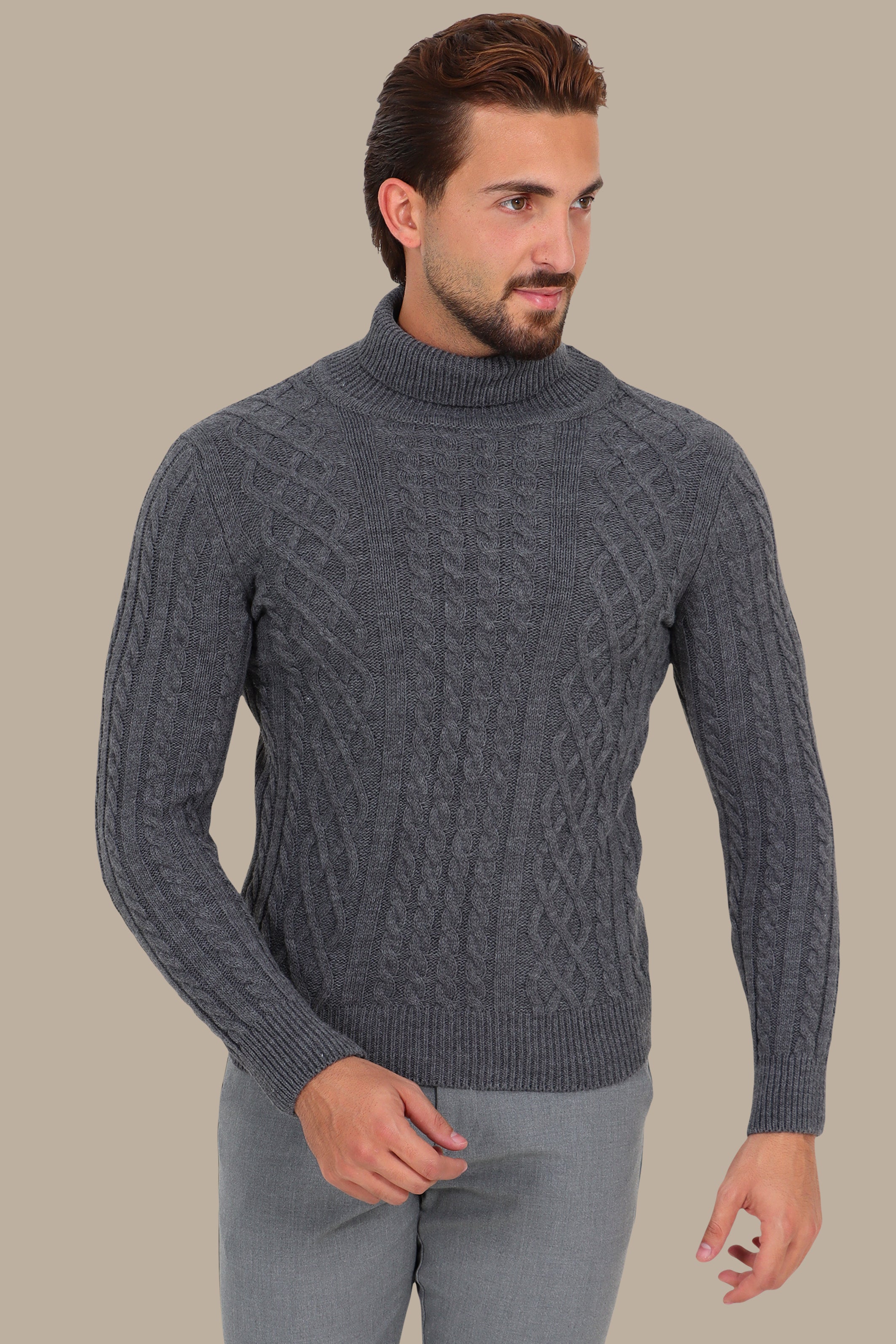 Turtleneck Sweater Thick Braided Design Grey