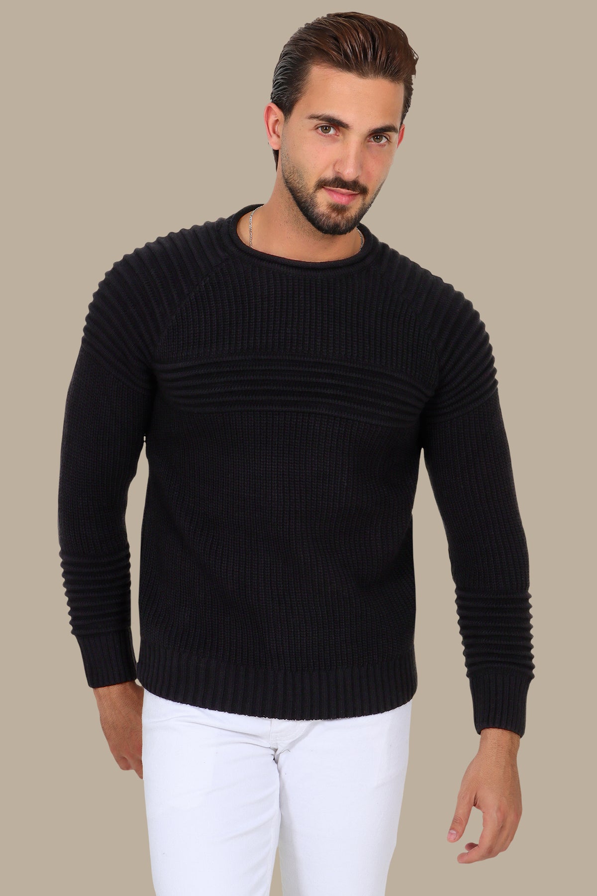 Mercerized Sweater with Medium Ribbed Lines Black