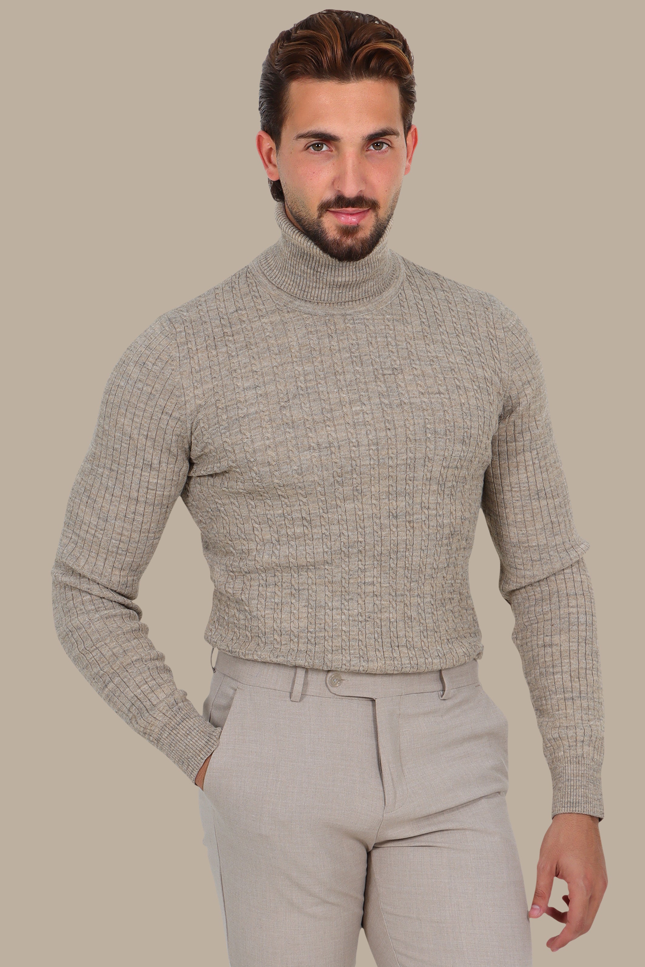 Turtleneck Sweater Braided Vertical Beige