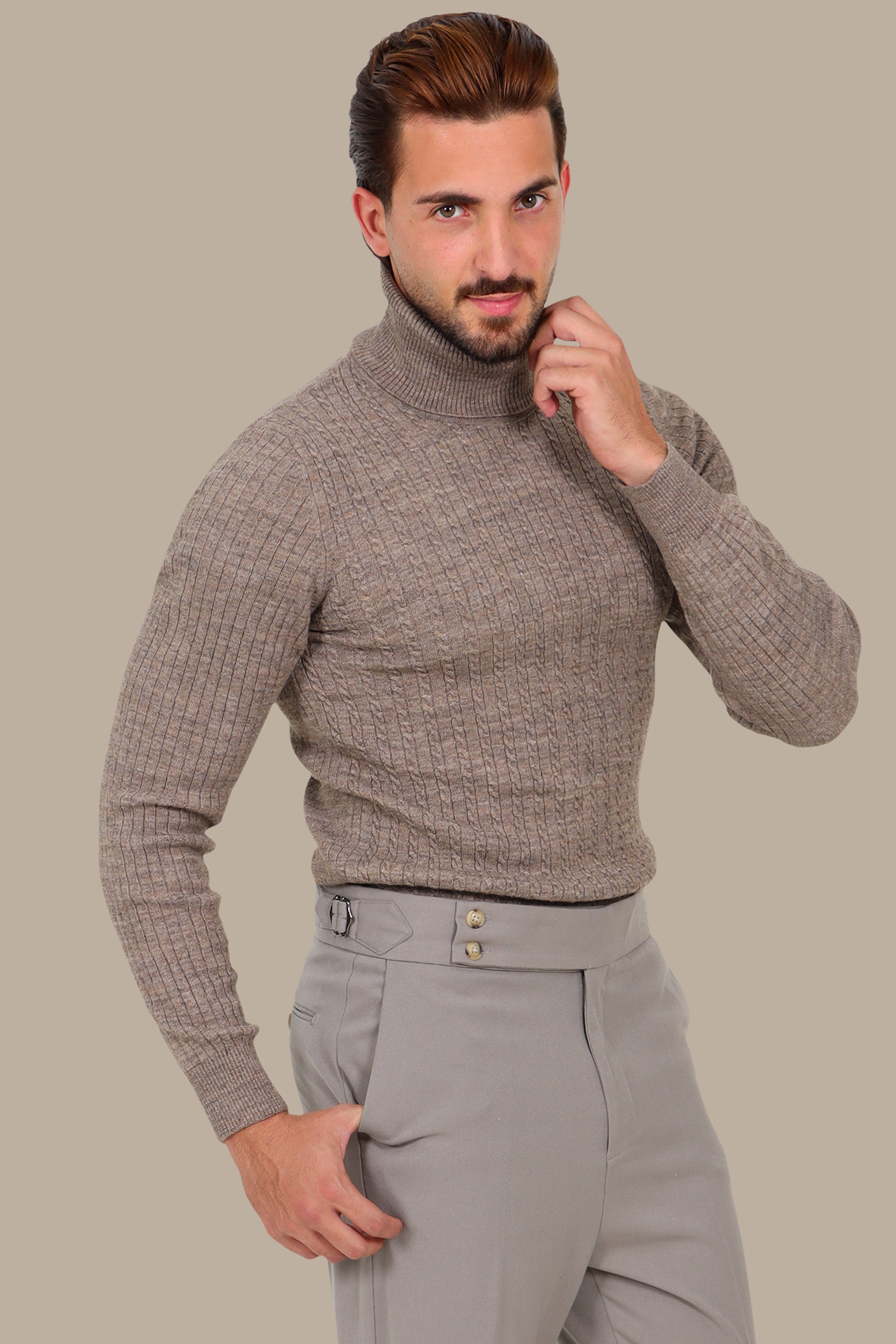 Mocha Braided Vertical Turtleneck Sweater