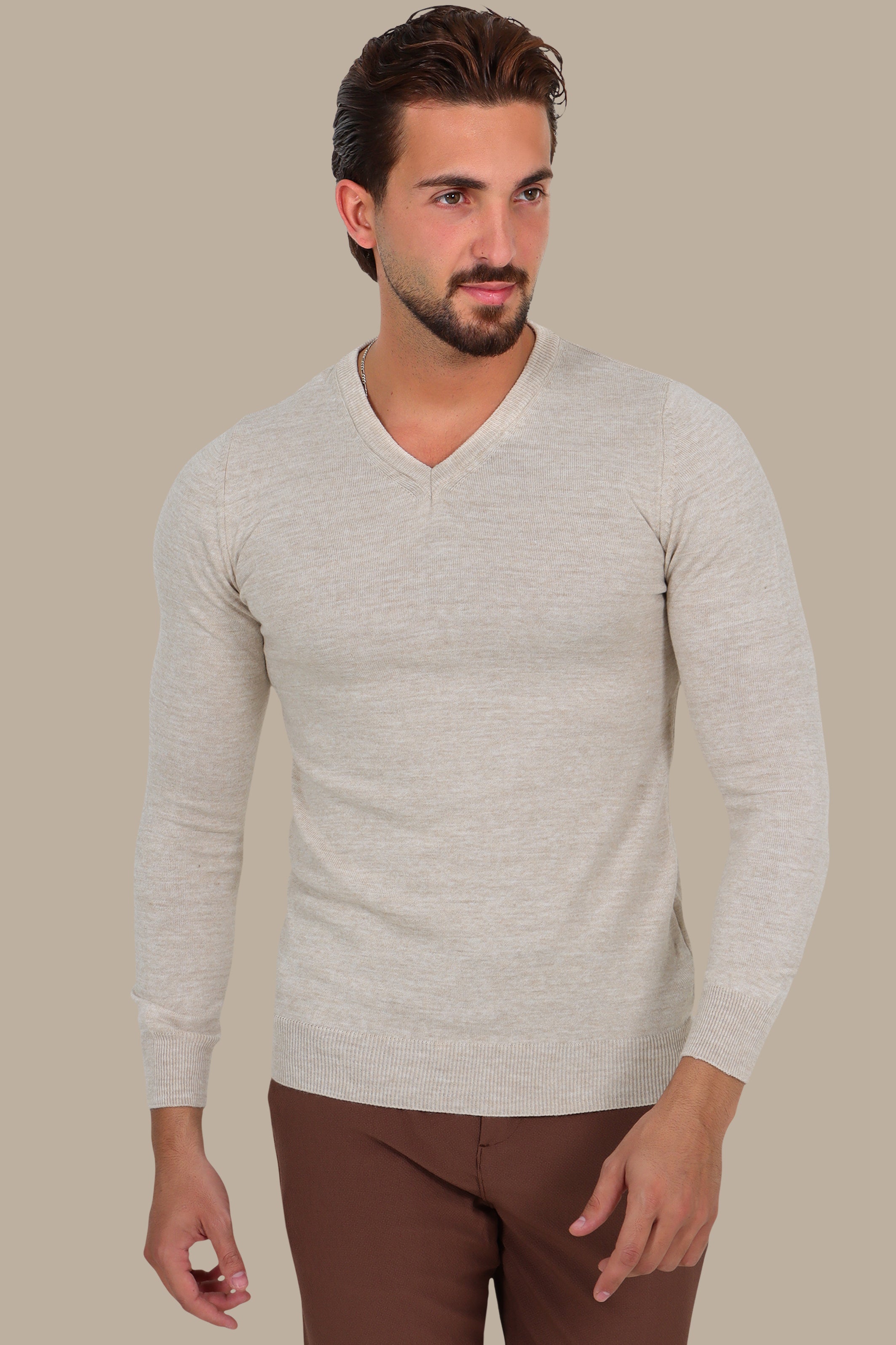V-Neck Basic Sweater in Light Beige