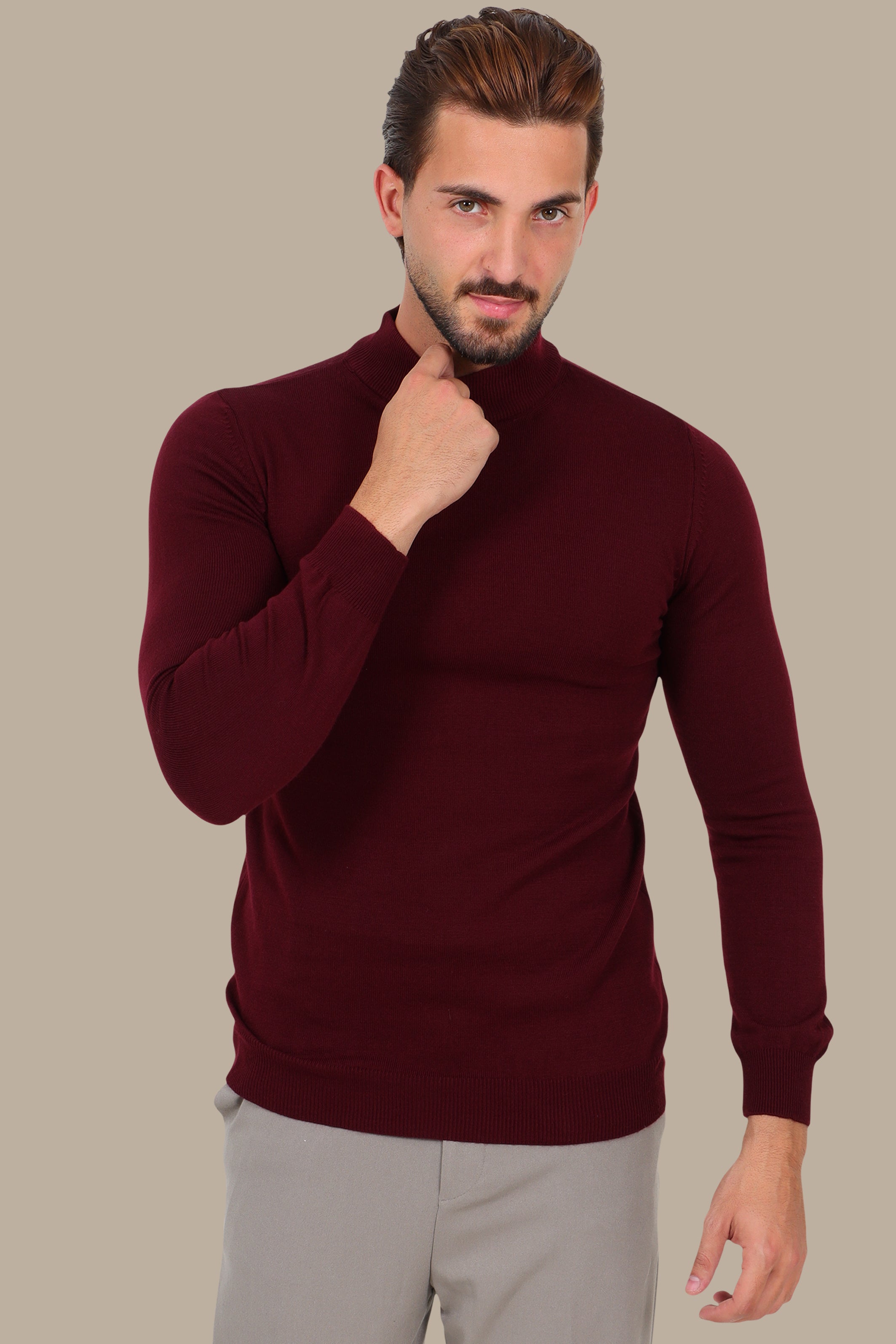 Burgundy High Neck Basic Sweater