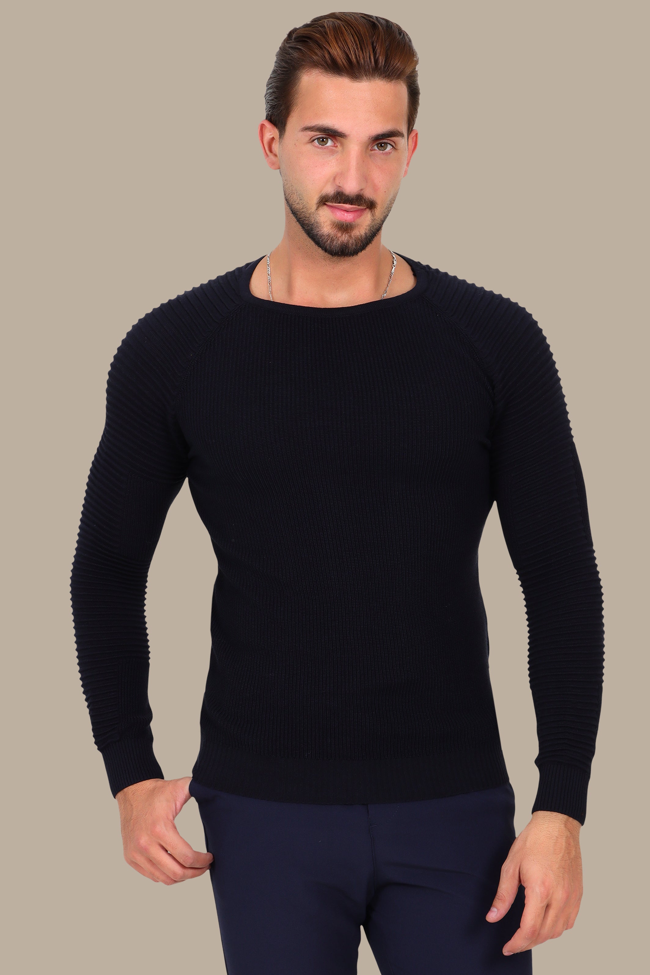 Navy Mercerized Sweater with Ribbed Shoulders