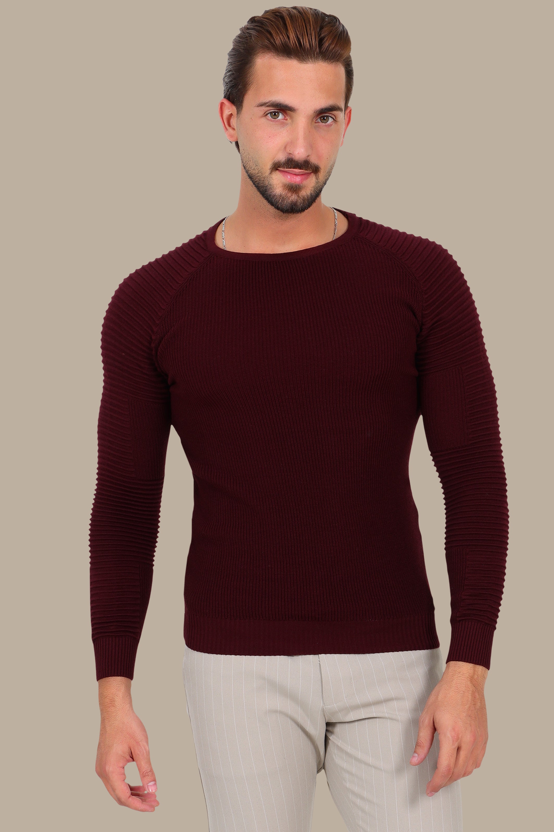 Burgundy Mercerized Sweater with Ribbed Shoulders