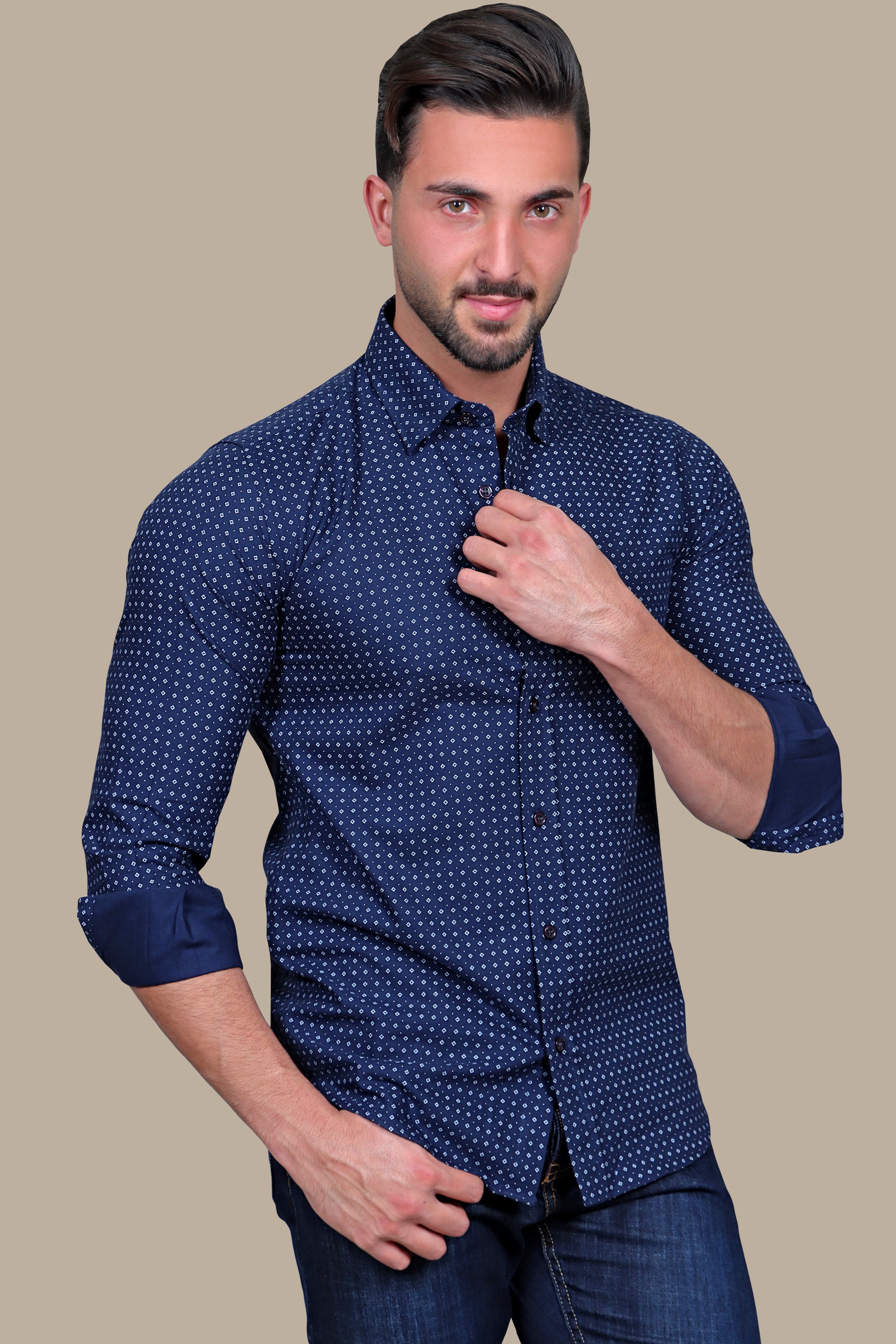 Contemporary Charm: Navy Square Print Shirt