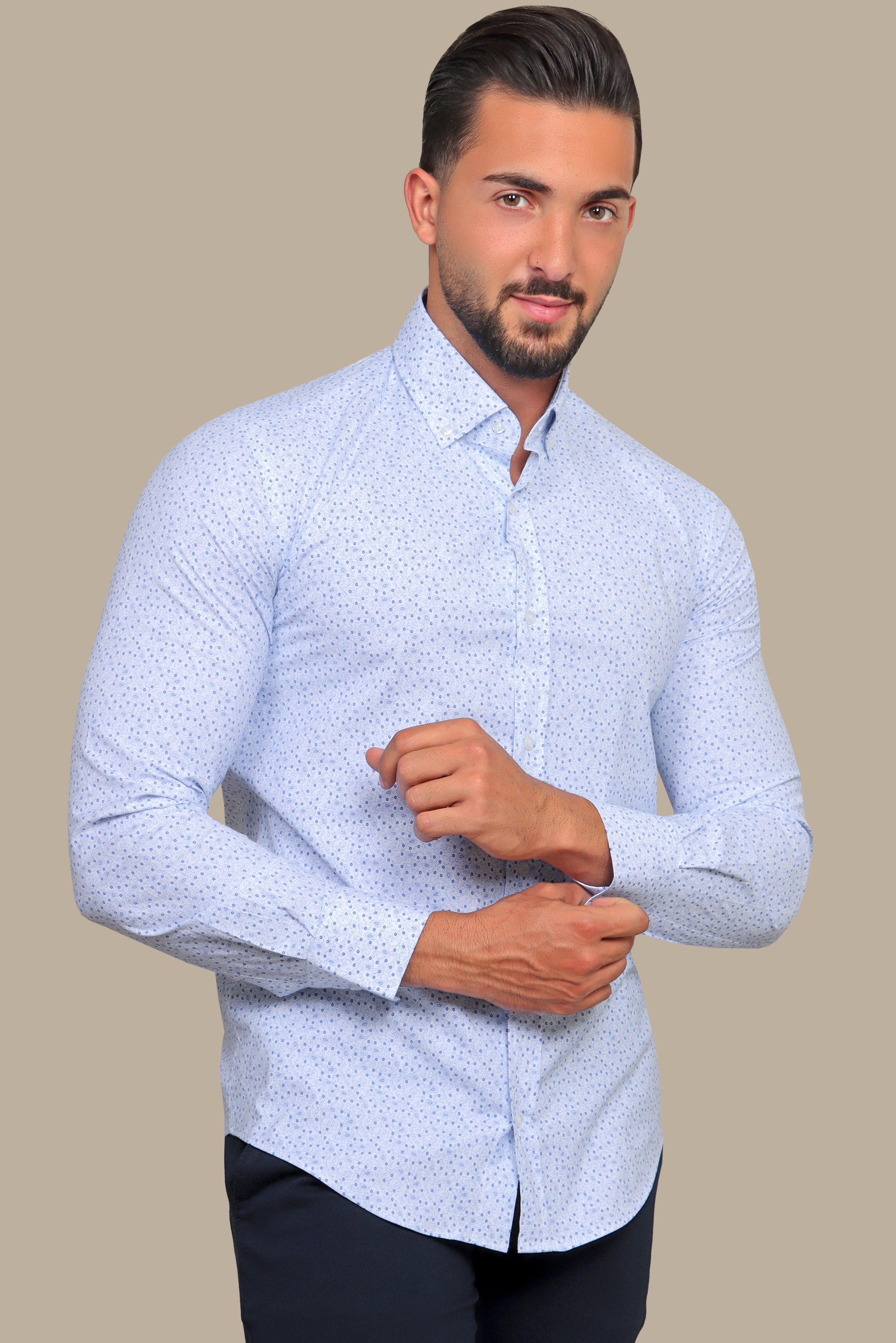 White Shirt with Navy Paisley Print and Lycra Blend