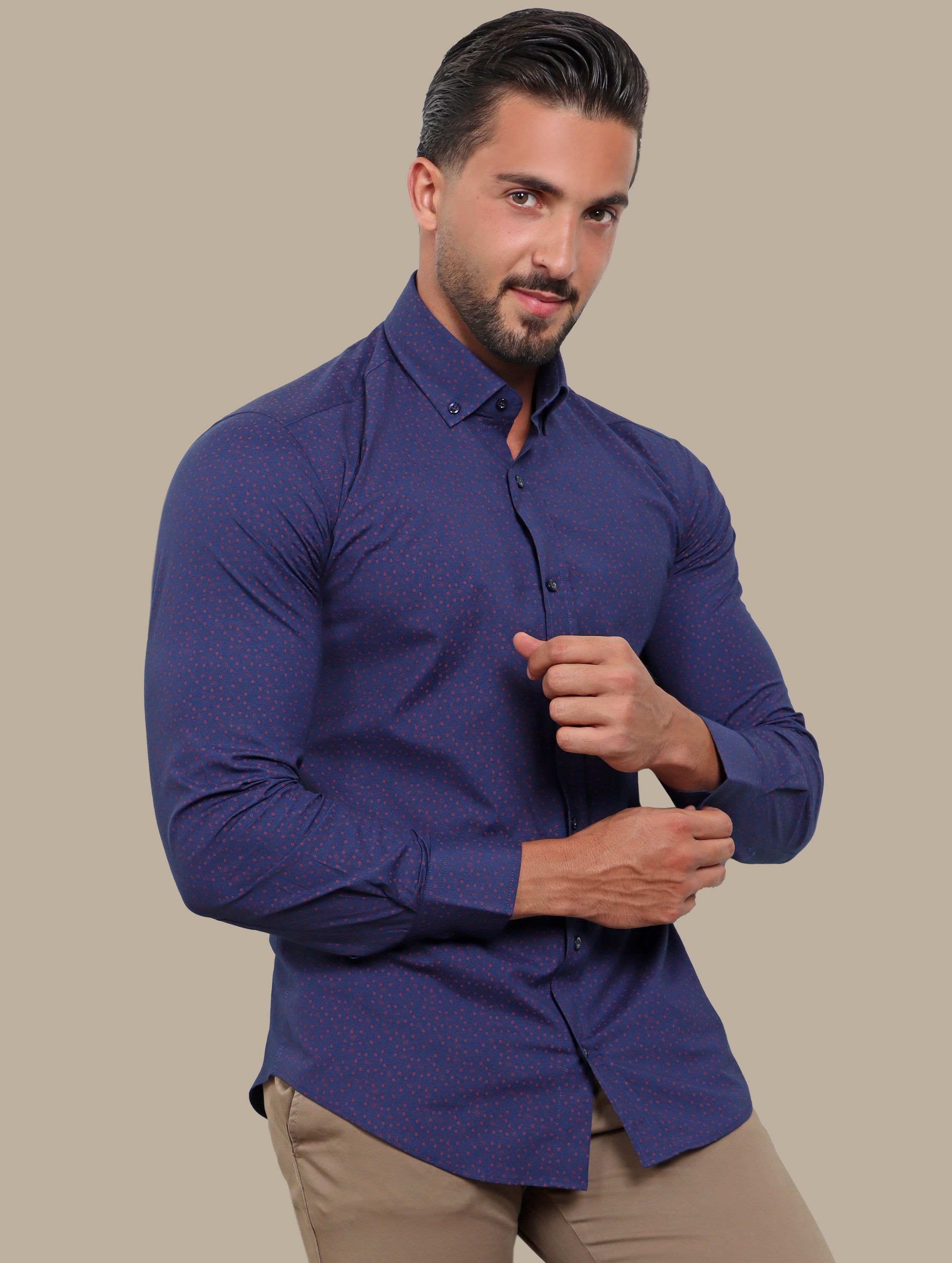 Bold Elegance: Navy Red Paisley Print Lycra Shirt