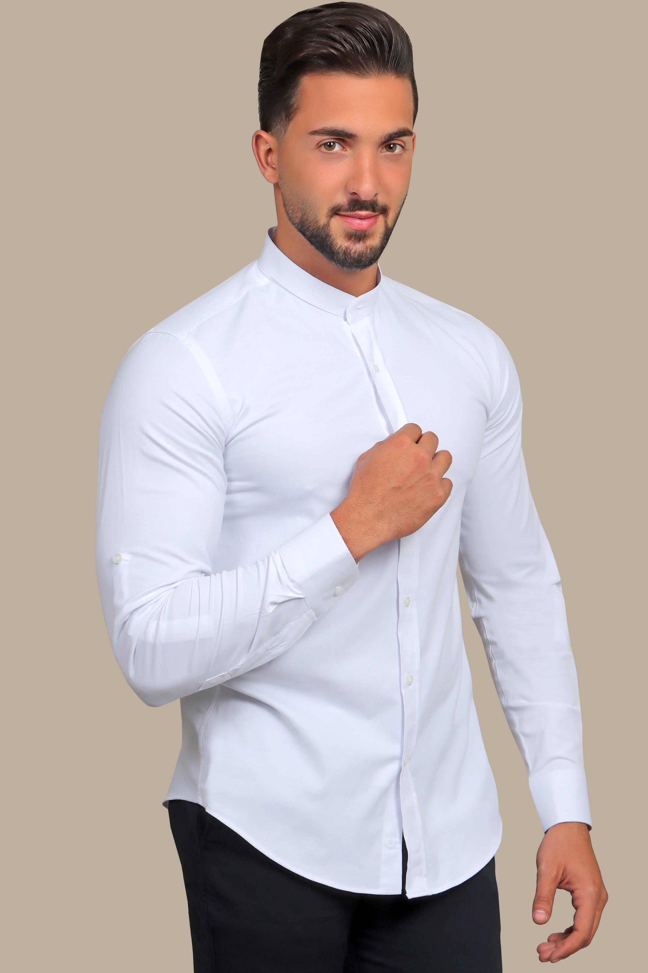 White Lycra Mao Collar Casual Shirt